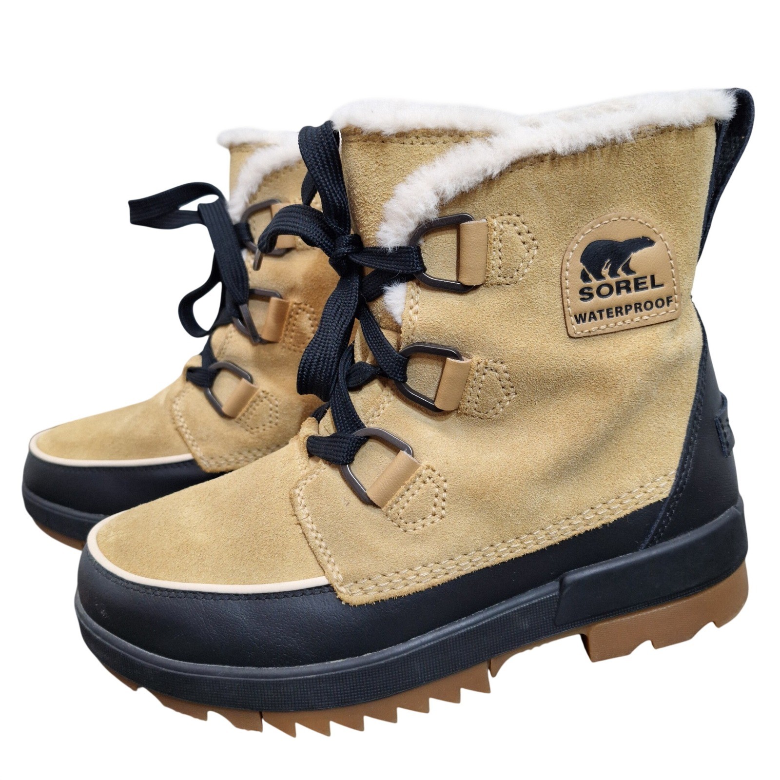 Sorel Tivoli IV Sz 9 Waterproof Winter Boots Tan Black Suede Faux Fur NL3425-373