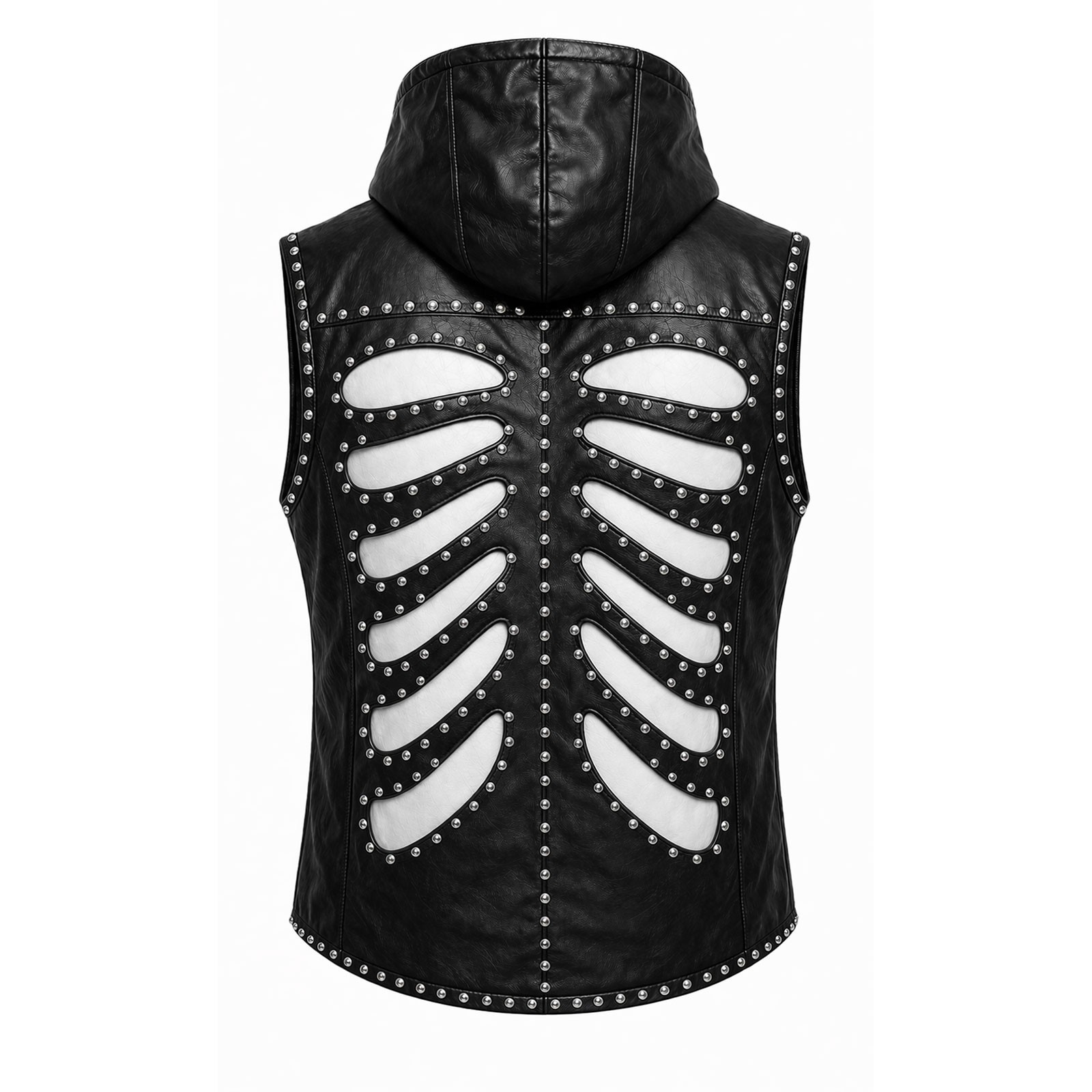 Black Gothic Genuine Leather Vest Hoodie Skeleton Rib Cage Studded Punk Jacket