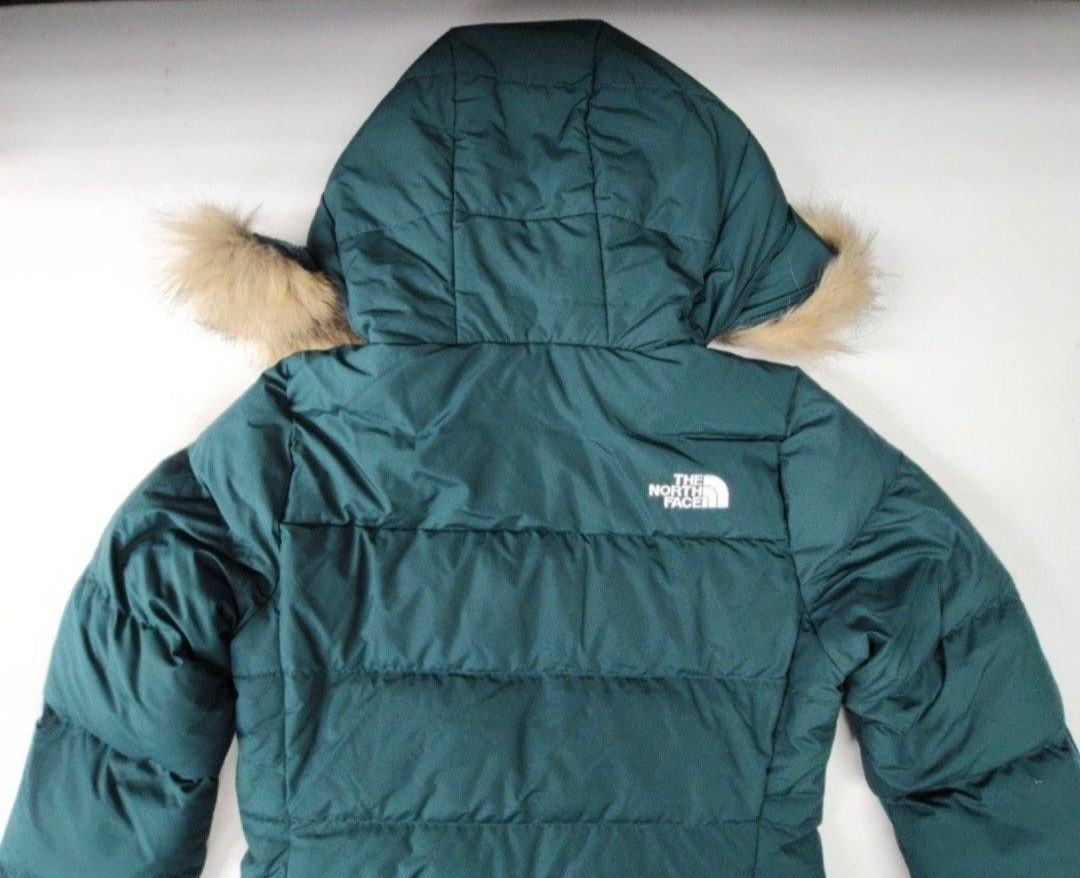 The North Face Puffer Jacket Womens Size S Green Hooded Faux Fur Trim Insulated