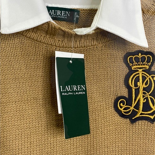Lauren Ralph Lauren Layered Crest Sweater Camel Tan White Collar RLMWB-G L