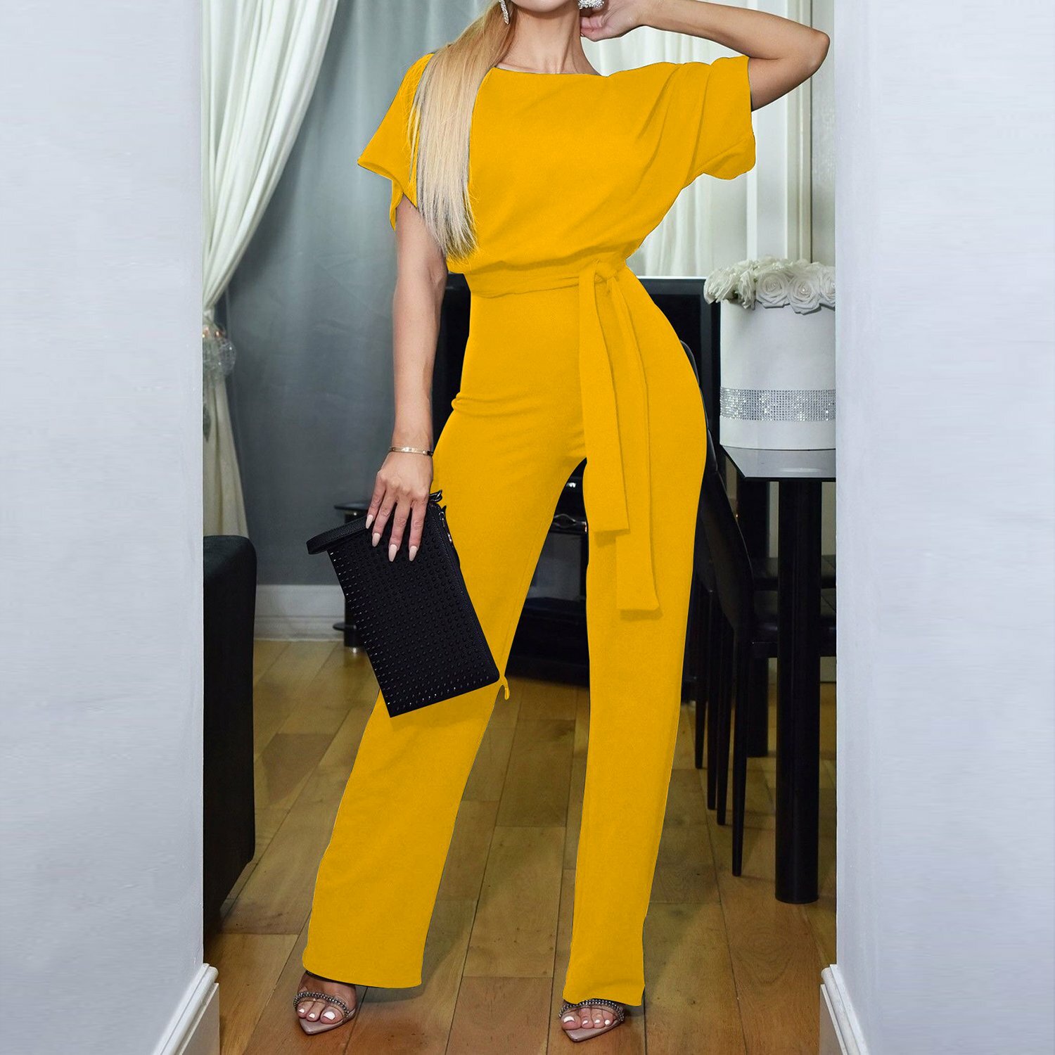 Women Wide Leg Belted Jumpsuits High Waist Romper Flare Palazzo Pants Suit S-XL