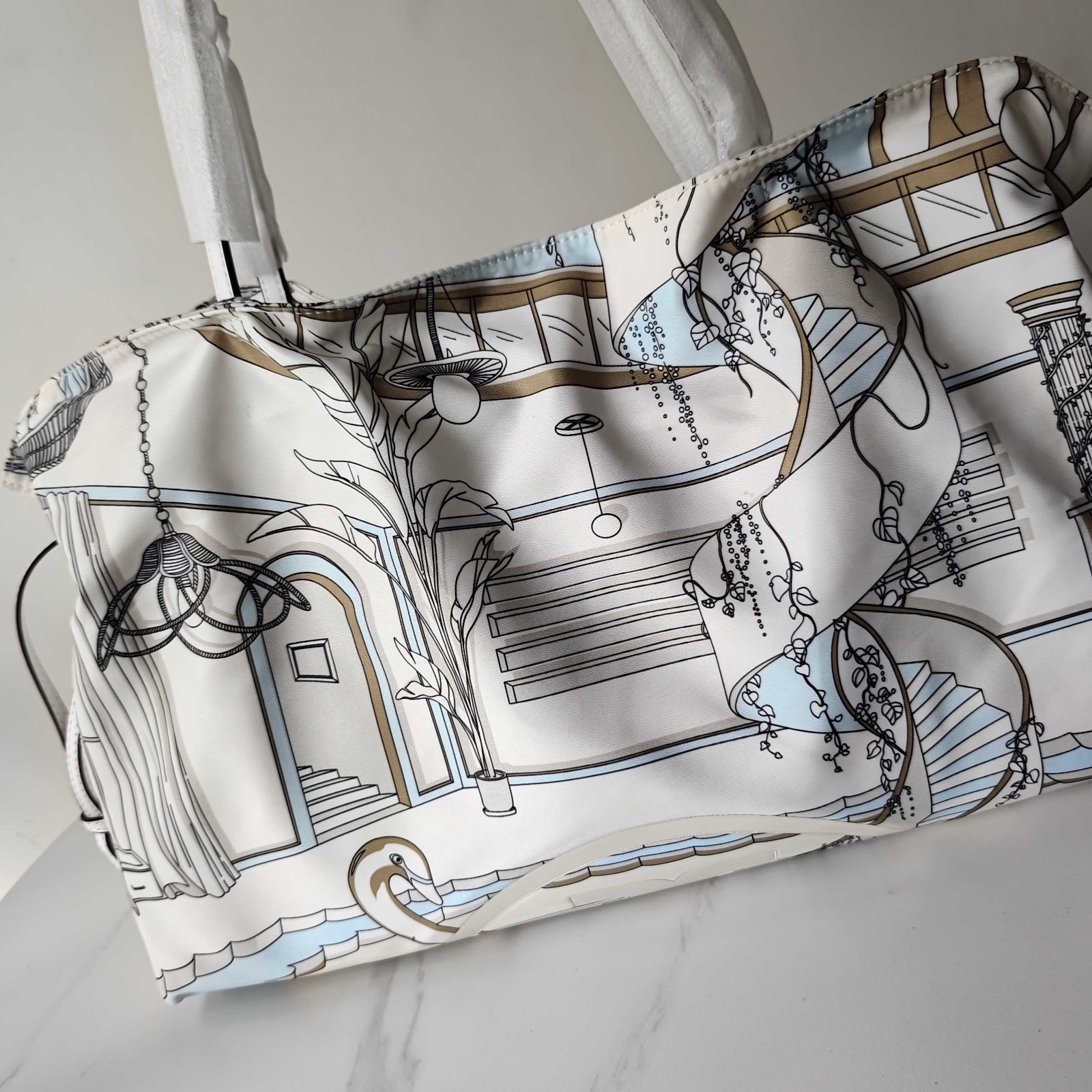 NWT Ella Printed Coated Canvas Drawstring Small Tote Shoulder Bag White