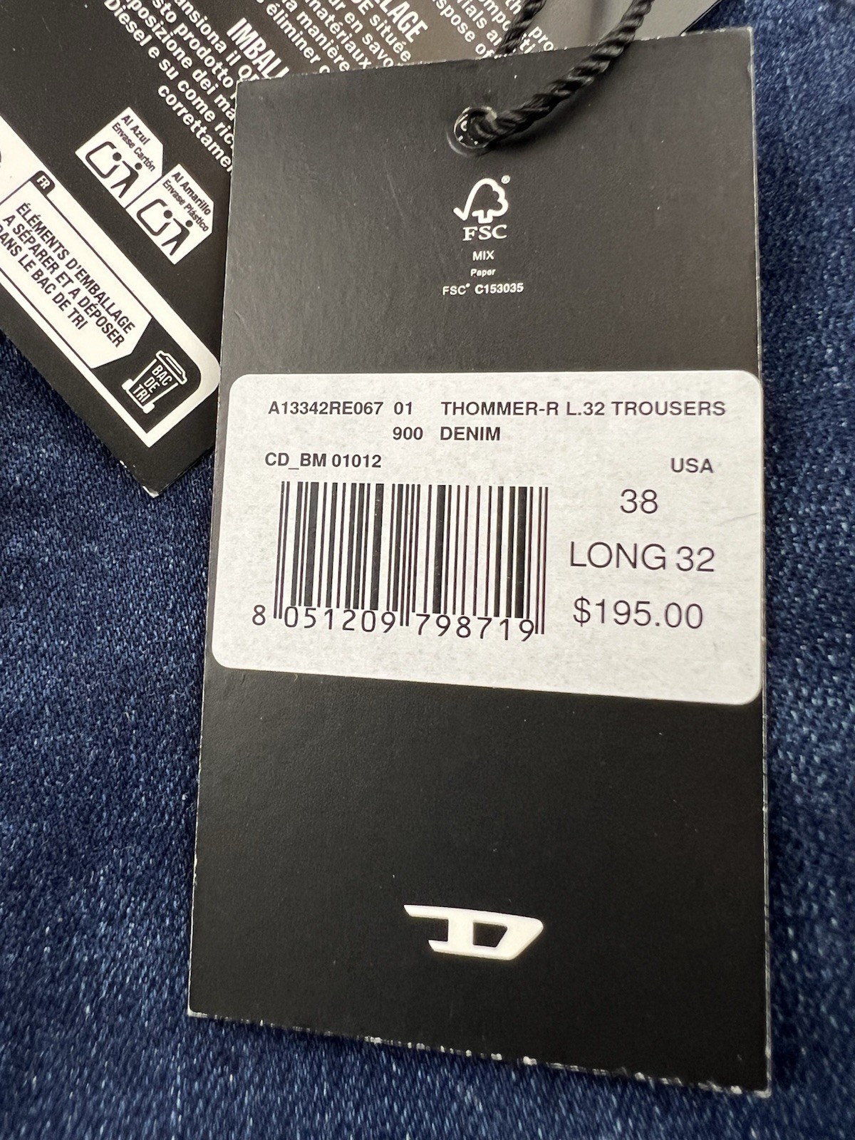 Diesel Men’s Thommer Slim Fit Jeans W40 L32 ***(tag says 38) RE067 Dark Blue NWT
