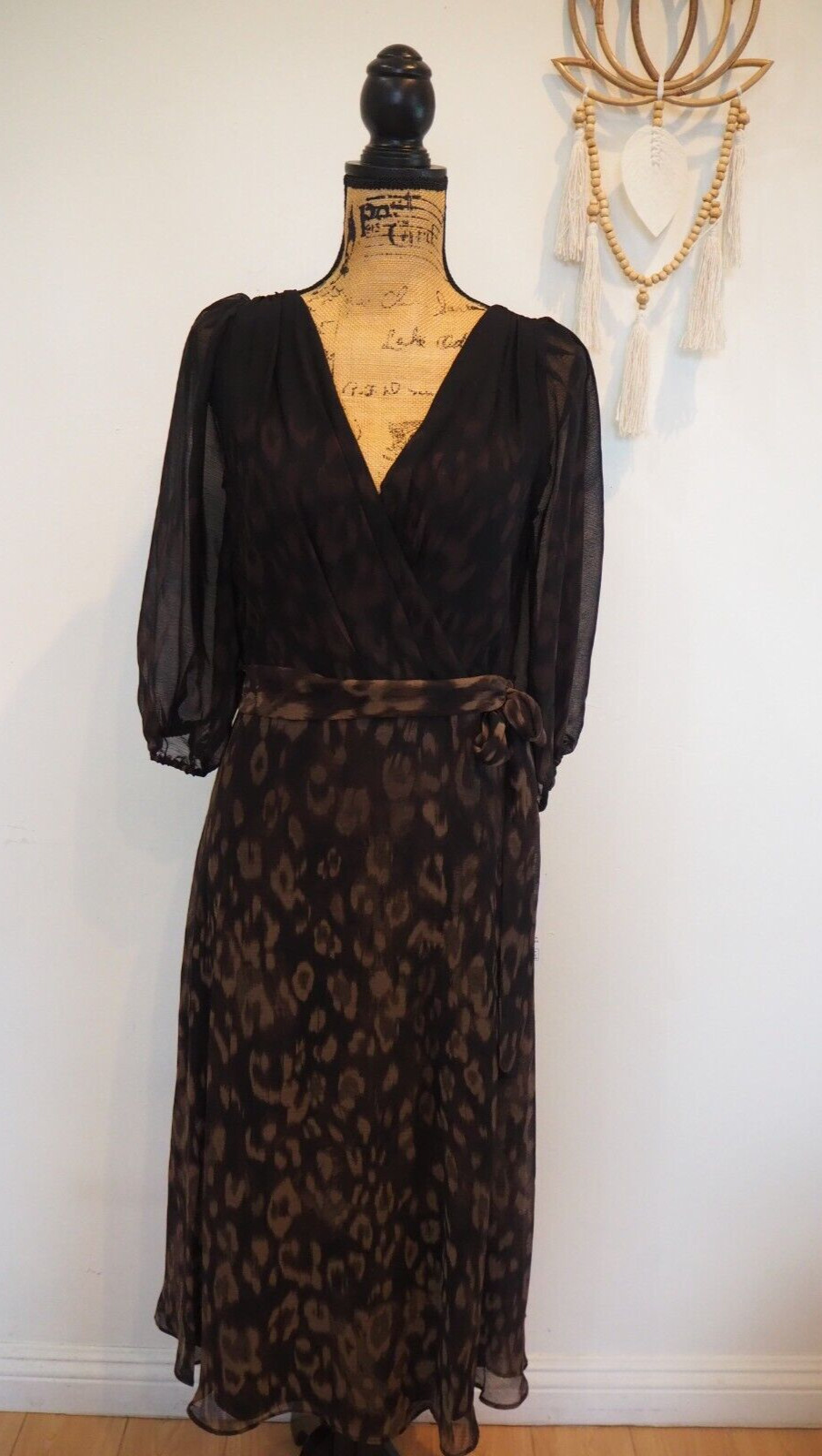 DKNY Brown Leopard Print Wear to Work Wrap Dress Belted Chiffon Career Sz 4 NWT