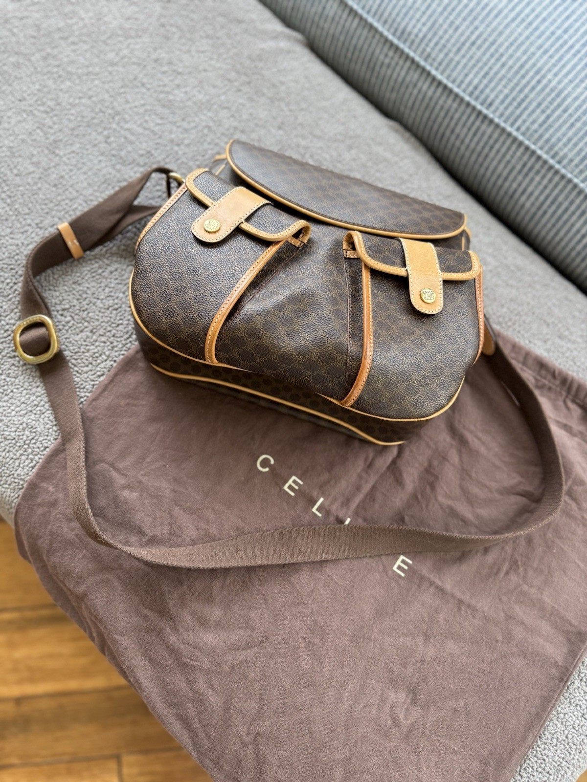 CELINE Macadam Brown Small Crossbody Bag Adjustable Strap Dust Bag