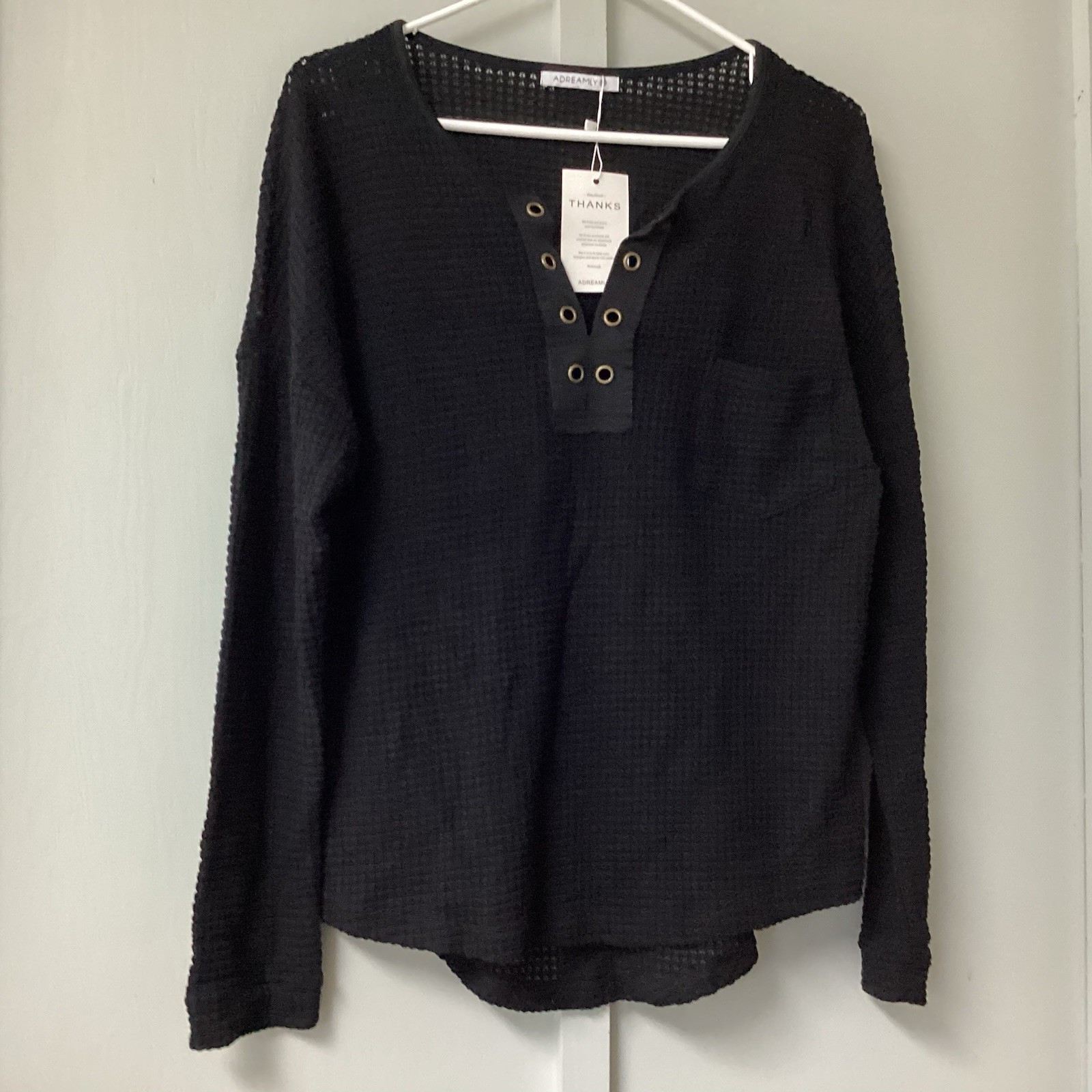 ADREAMLY Black Semi-Sheer Blouse Women’s Size Medium Waffles Studs Hole Knit New