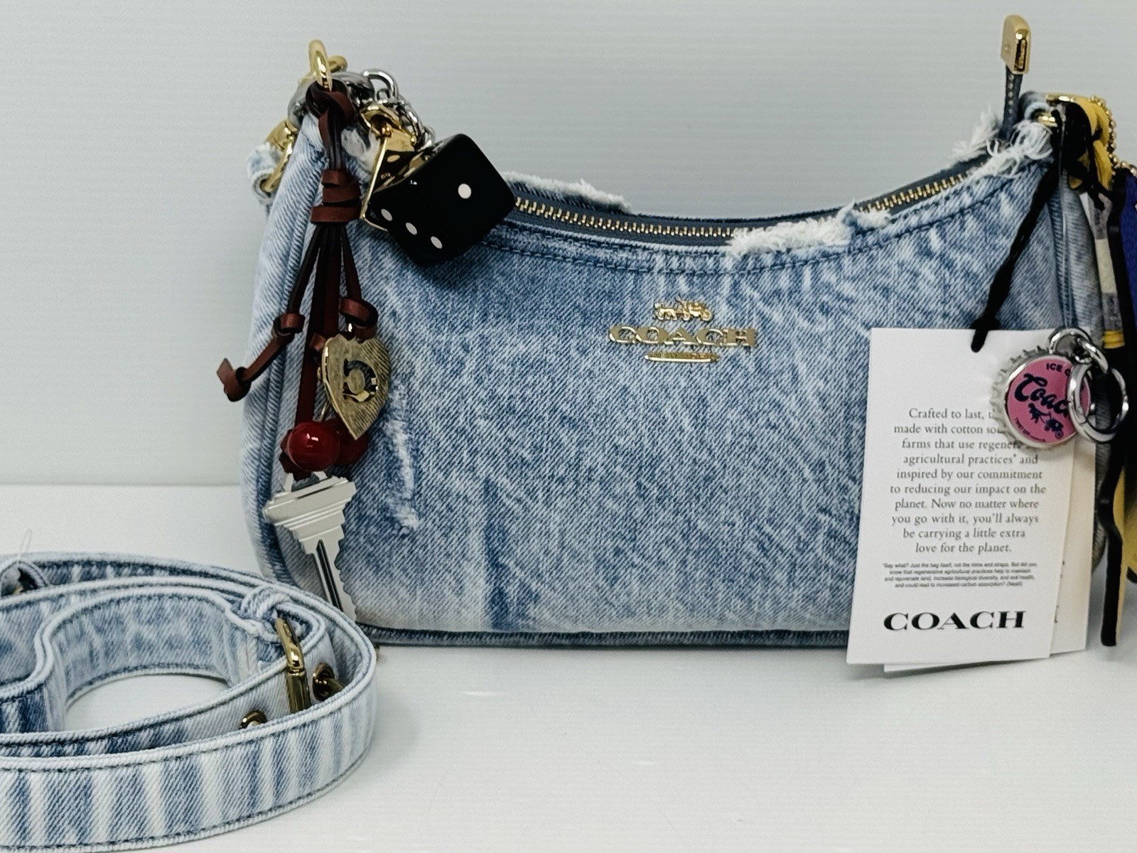 NWT COACH CDY76 Teri Shoulder Bag In Loved Denim With Charms /Light Indigo
