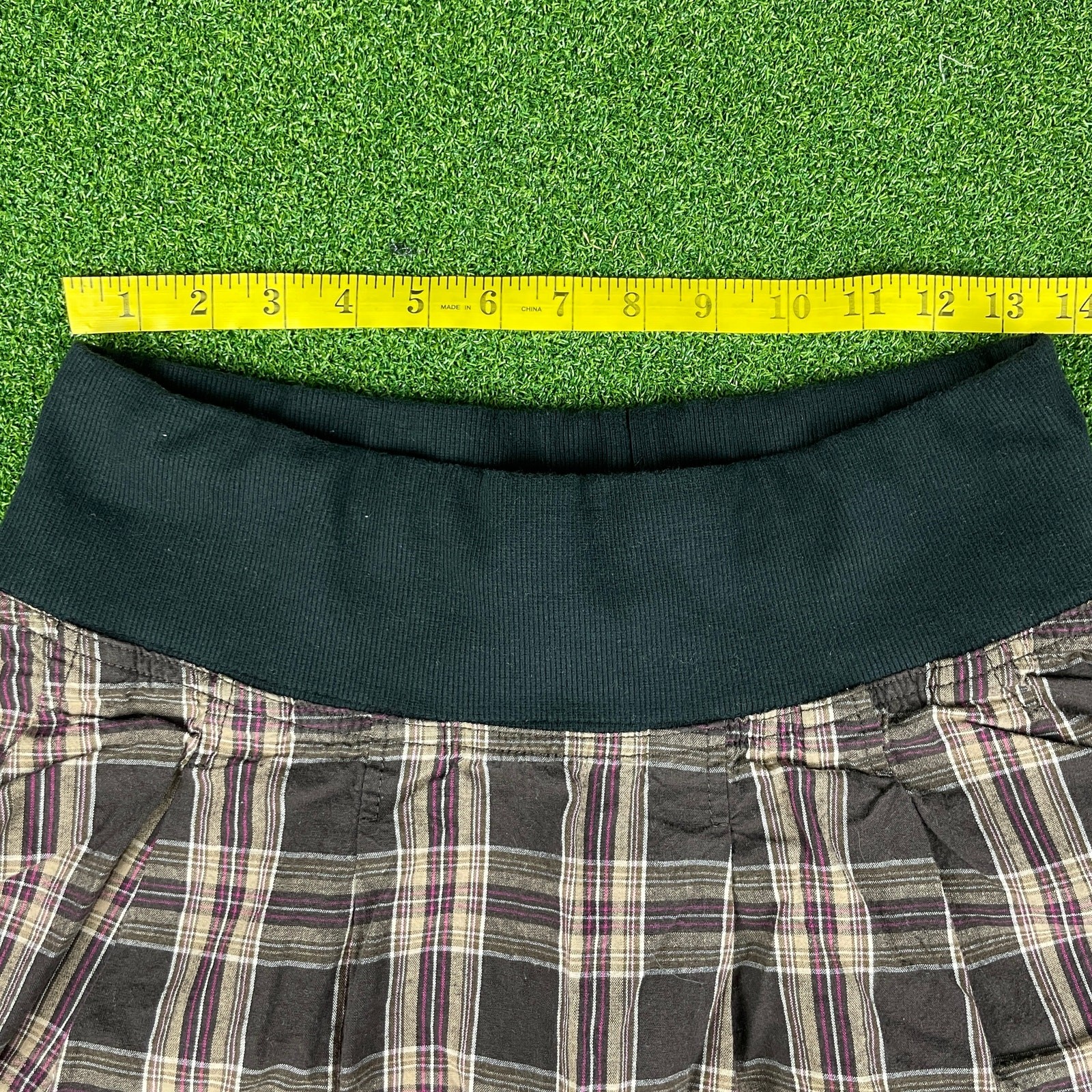 Squeeze Jeans Juniors Brown Plaid Elastic Wide Waistband Pleated Mini Skirt Sz L