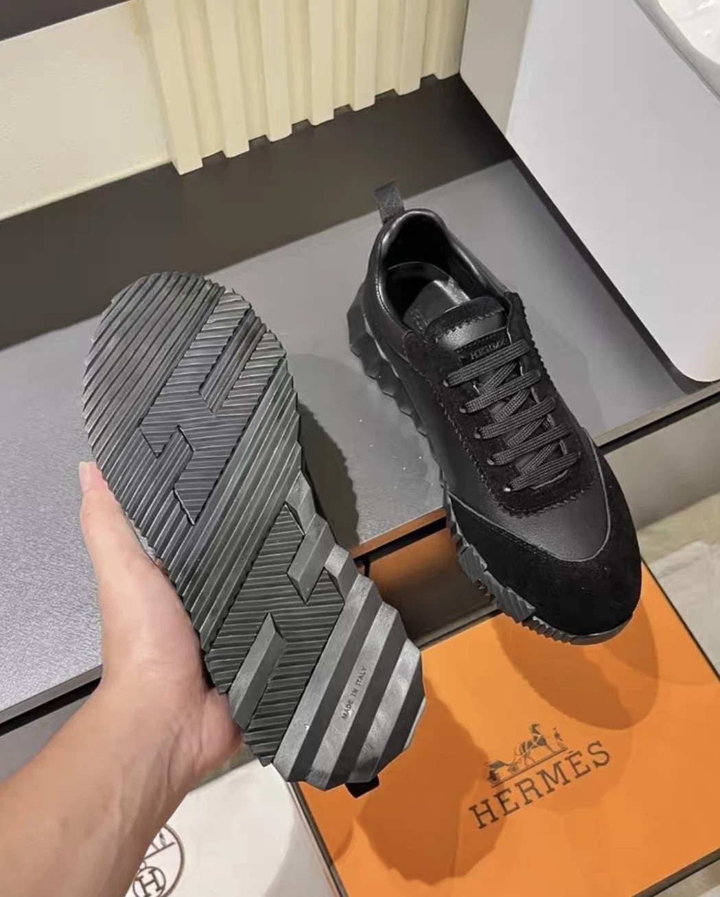 Hermes Bouncing Triple Black Calfskin Lace Up Sneakers Shoes Unisex Euro 36-45