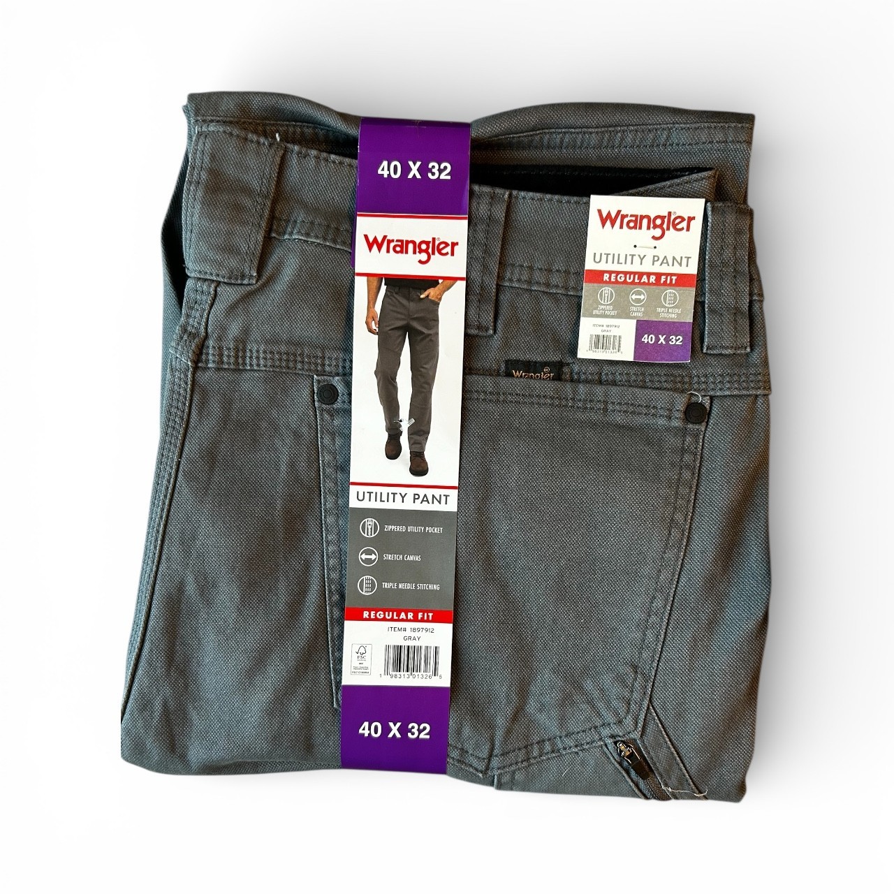 Wrangler Men’s Utility Pant Regular Fit Stretch Canvas Gray Size 40×32