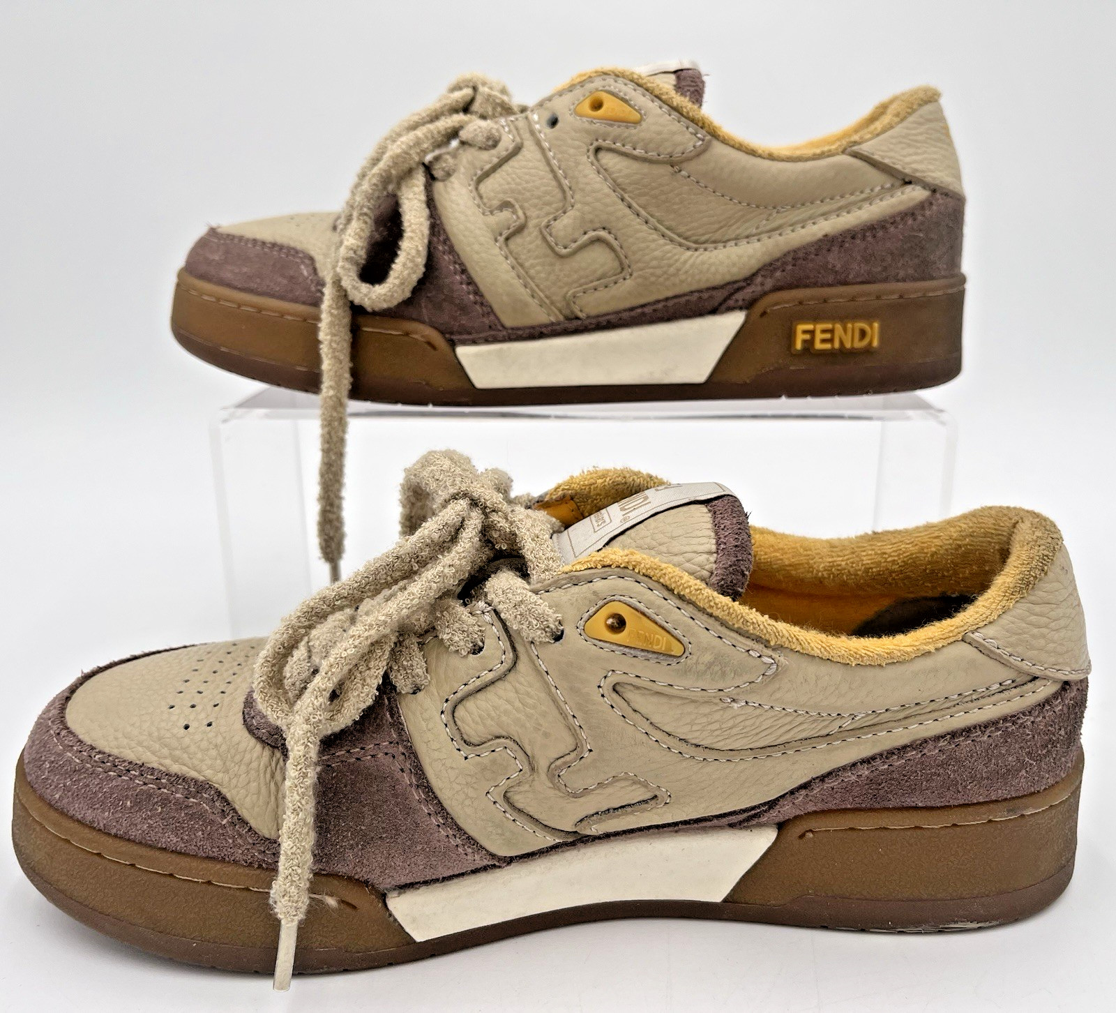 Fendi Match Low Top Bicolor Yellow/Beige Suede Leather FF Logo Sneakers Womens 8