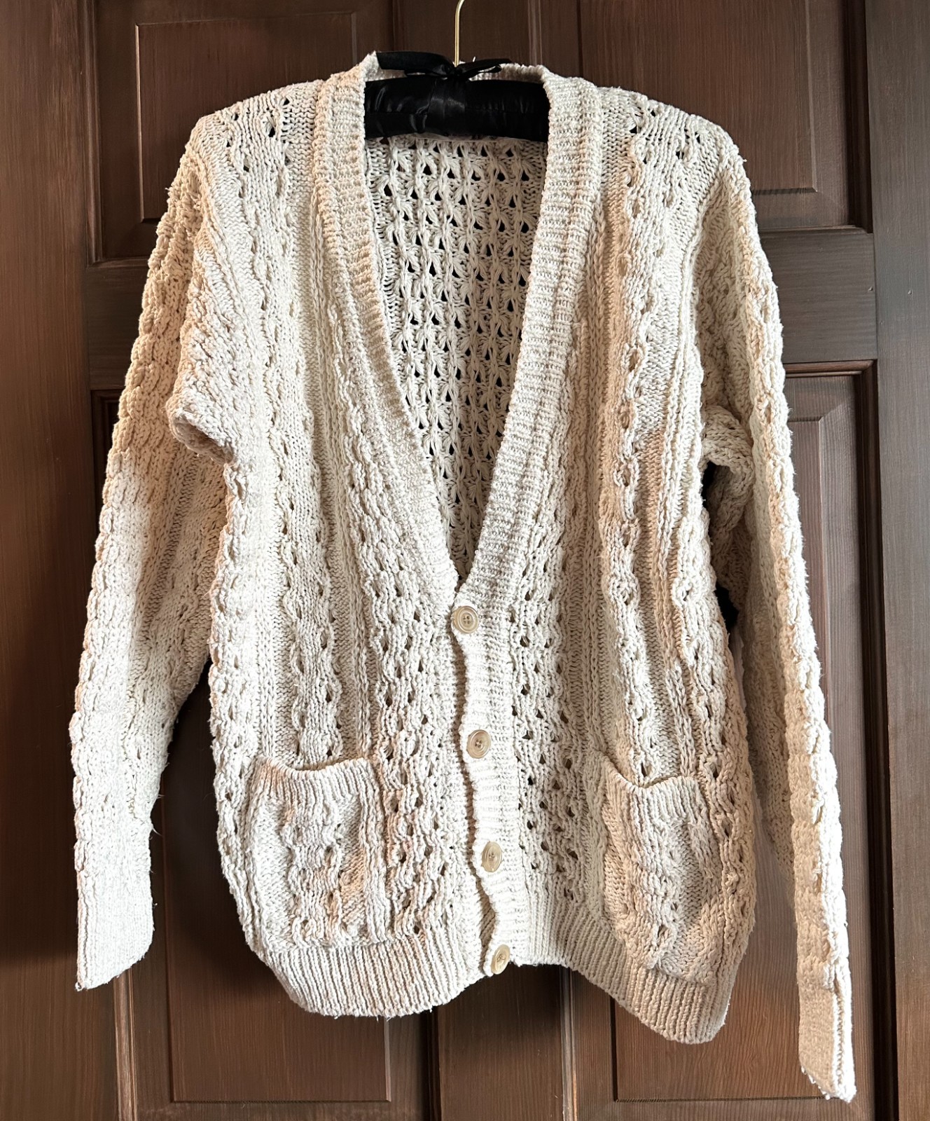 Vintage John Molloy Linen Cotton Hand Knit Cardigan Sweater Soft White S/M