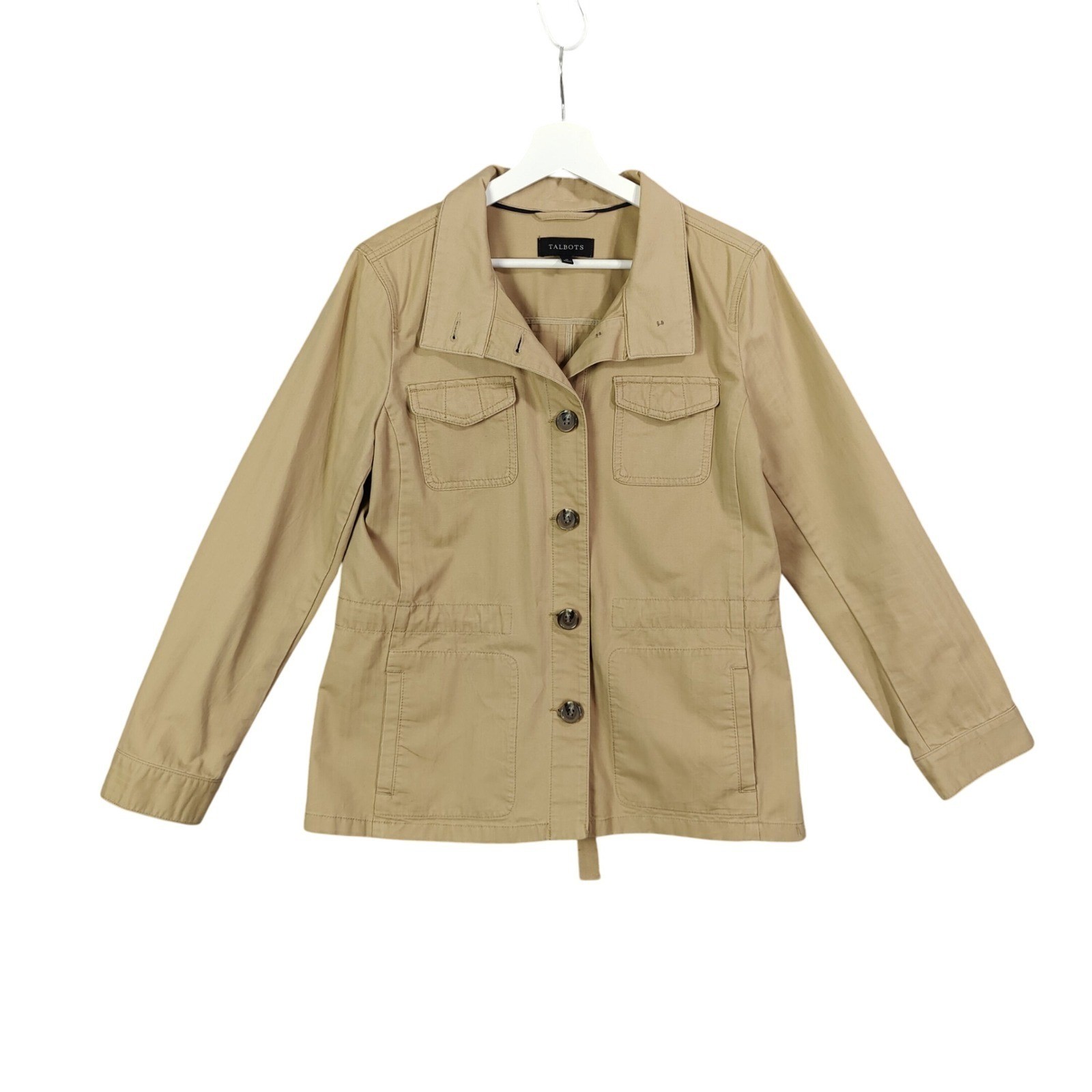 Talbots Womens Safari Utility Field Coastal Preppy Jacket M Tan Cotton Button Up