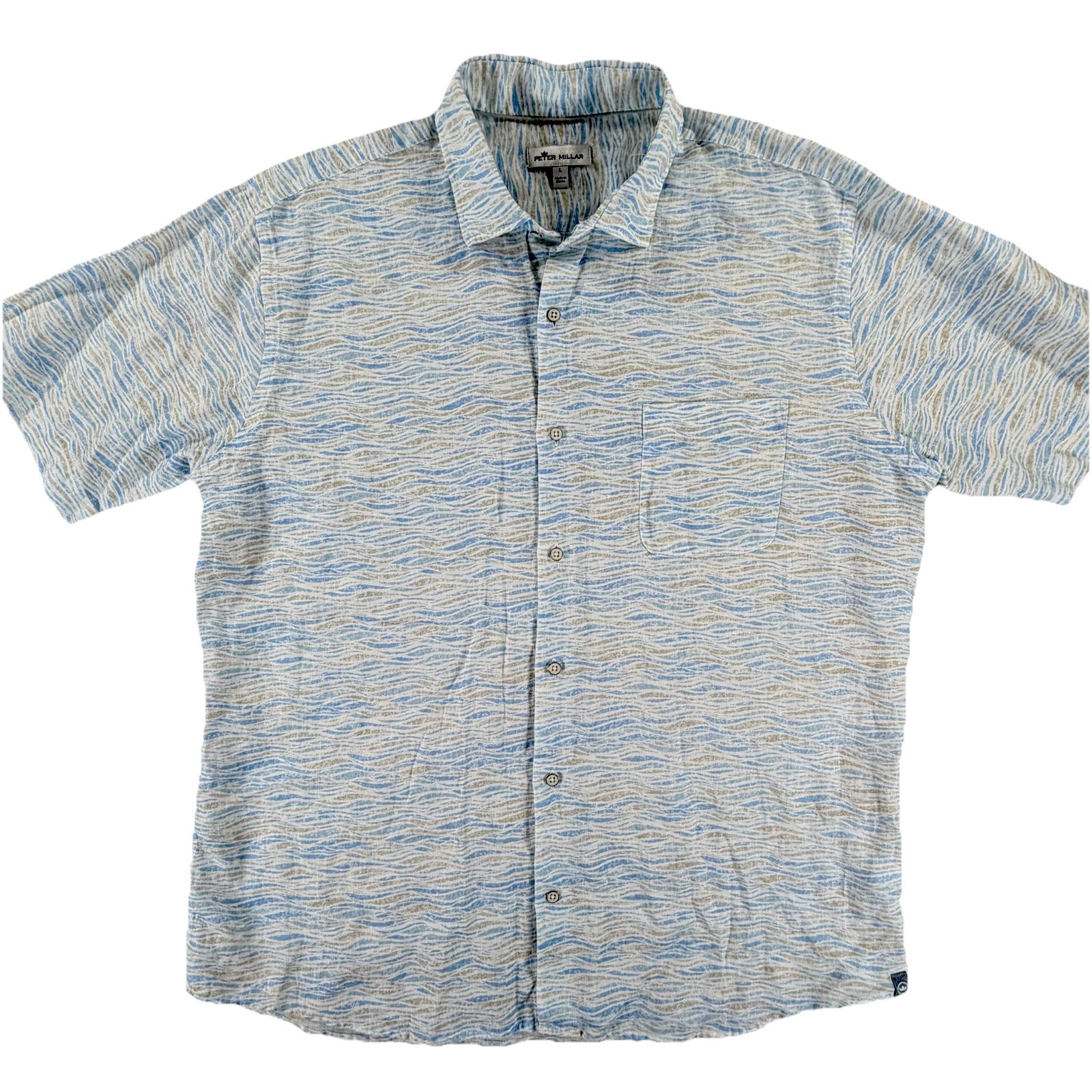 Peter Millar Linen Shirt Mens Large Blue Tan Wave Print Button Front Casual