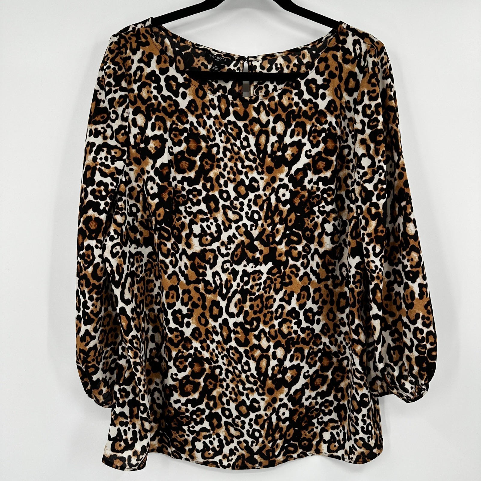 Talbots Plus Leopard Print Blouse 1X Brown Black Animal Print 3/4 Sleeve Top