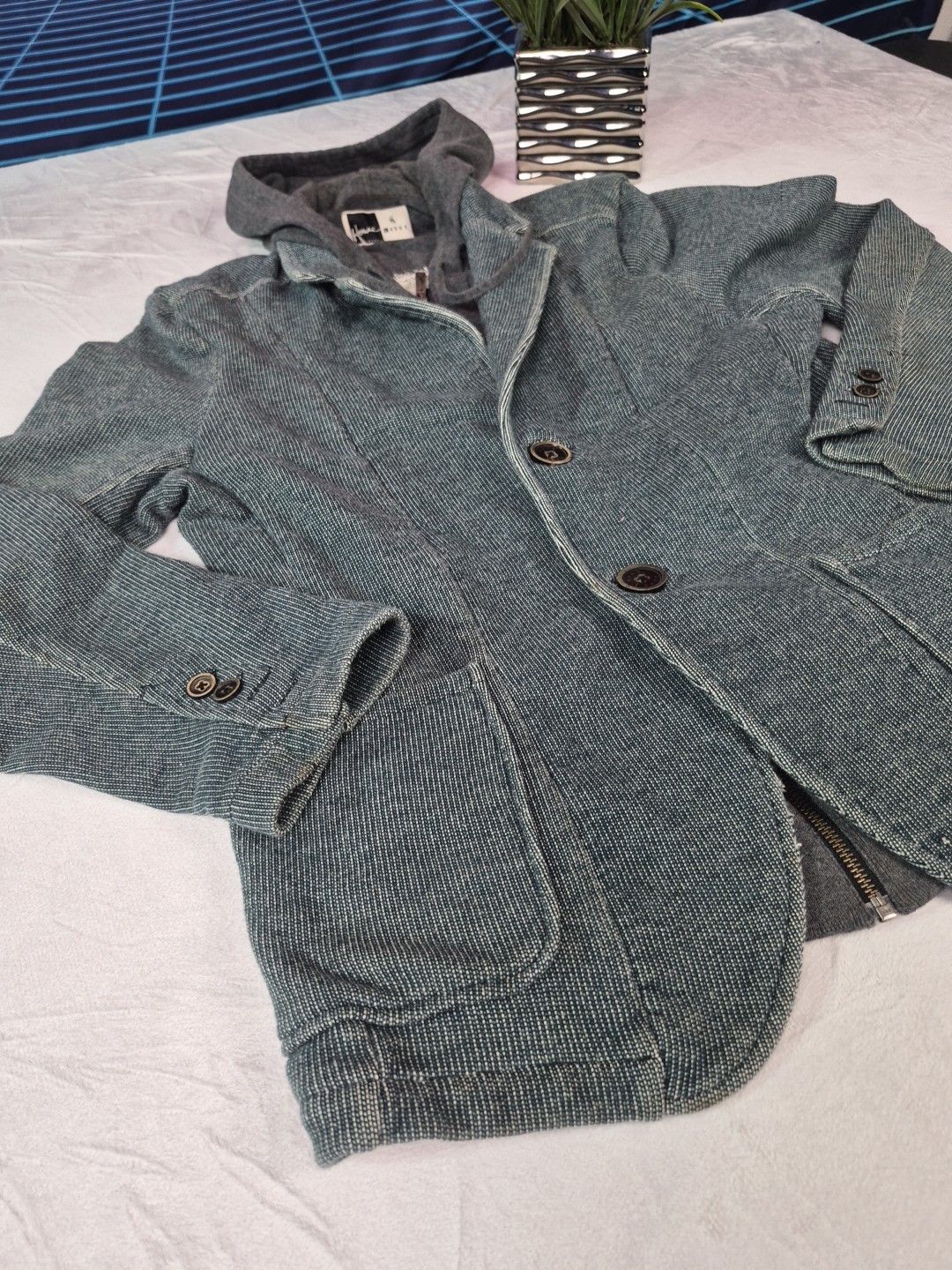 HOWE DISTRESSED COTTON BLEND SOFT TEAL FULL ZIP HOODIE BLAZER SIZE LARGE