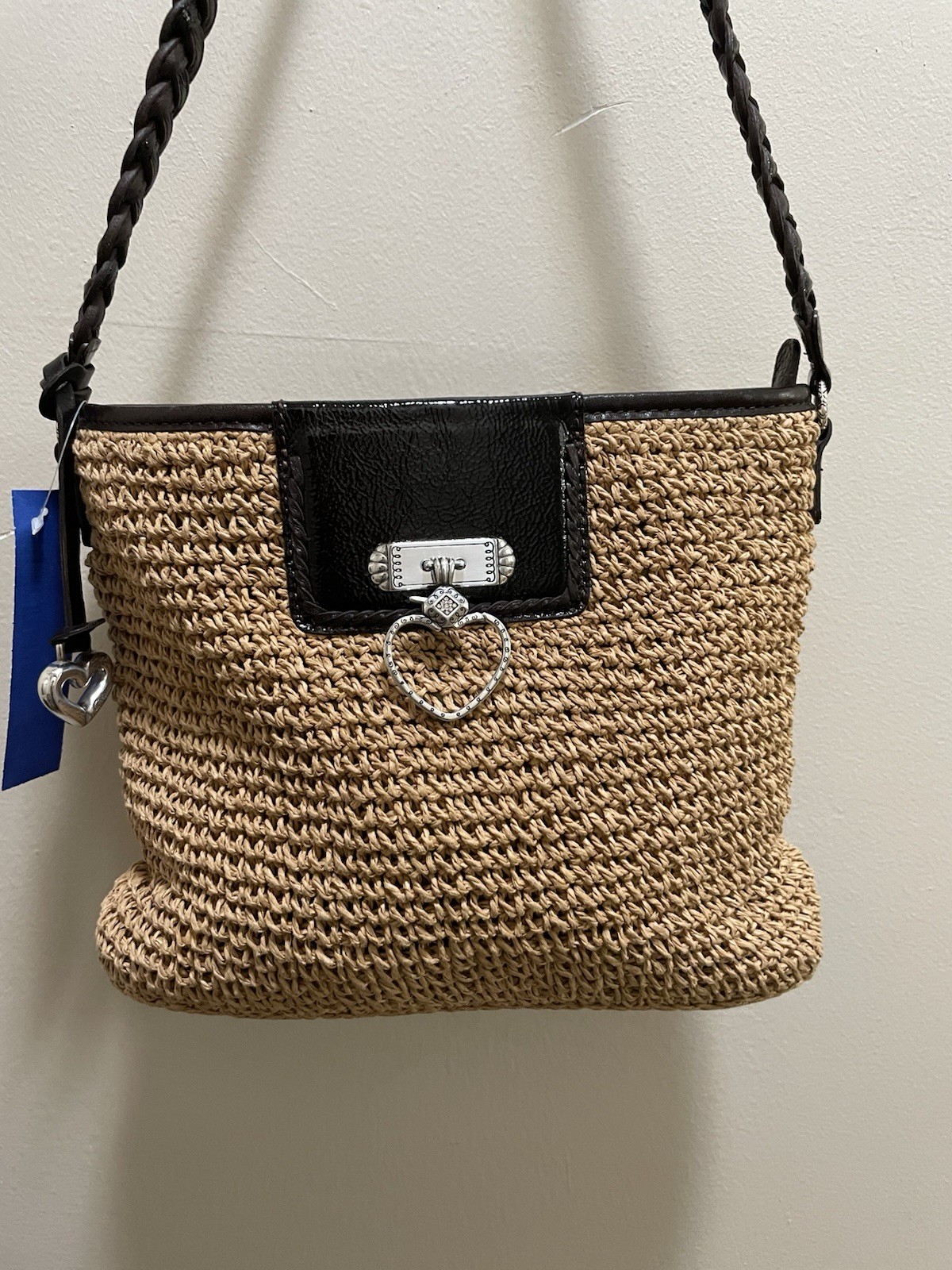 Brighton Tan/Black Woven Straw Look Shoulder Bag Turn Lock Braided Heart Charm