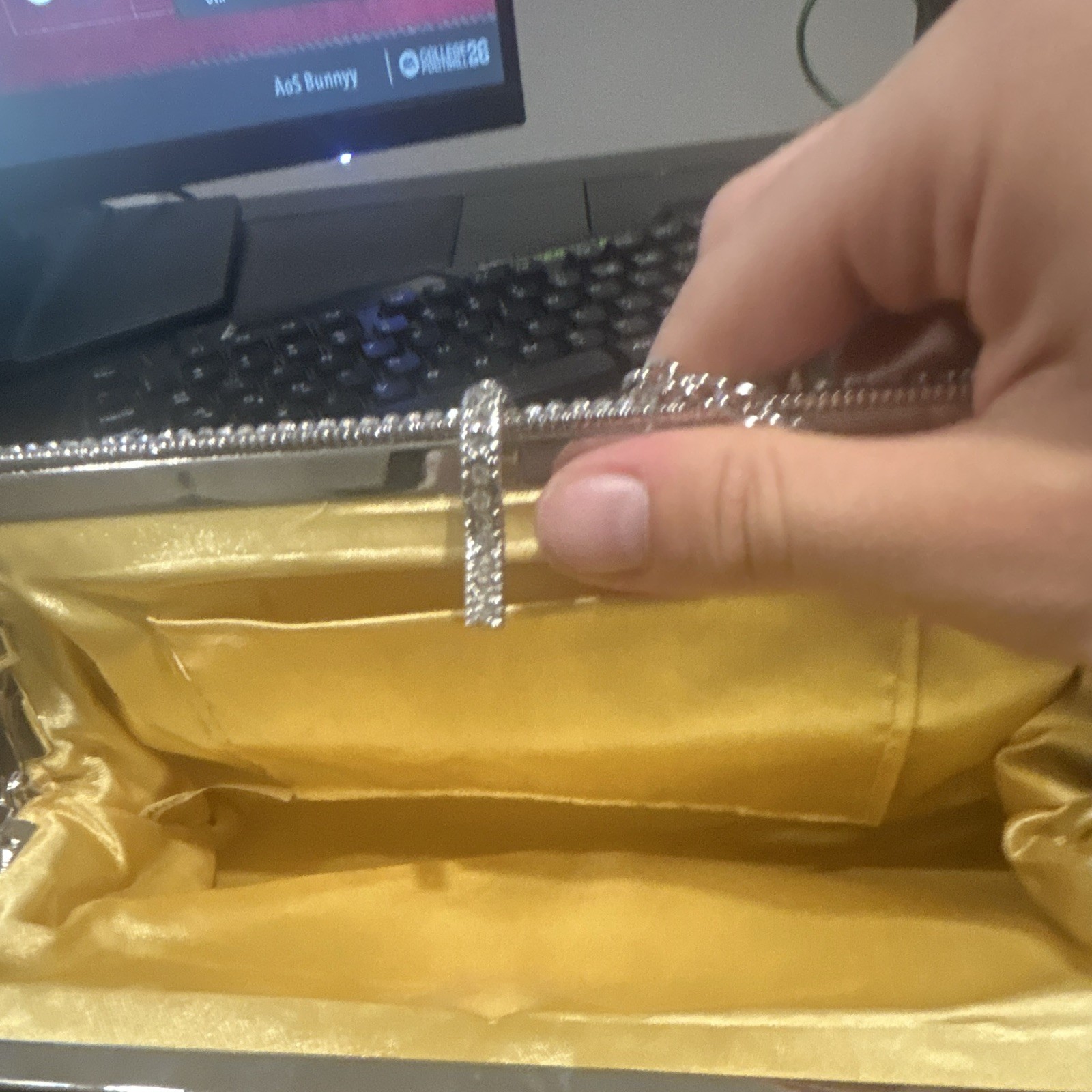 Women’s Gold Rhinestone Crystal Clutch Clasp, Silver Hardware Chain Strap, Small