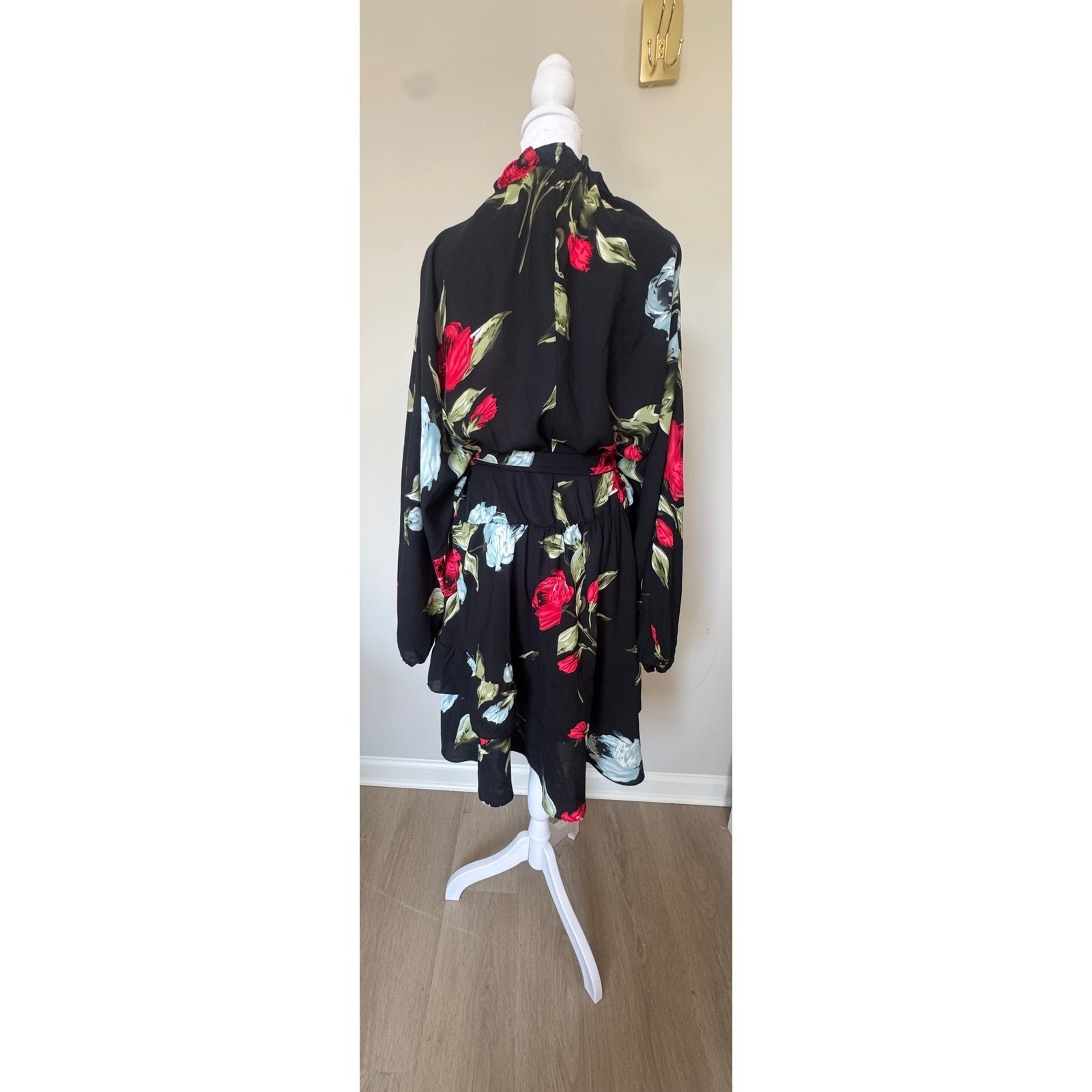 Boohoo Black Red Rose Floral Smocked High Neck Mini Dress Plus Size US 20