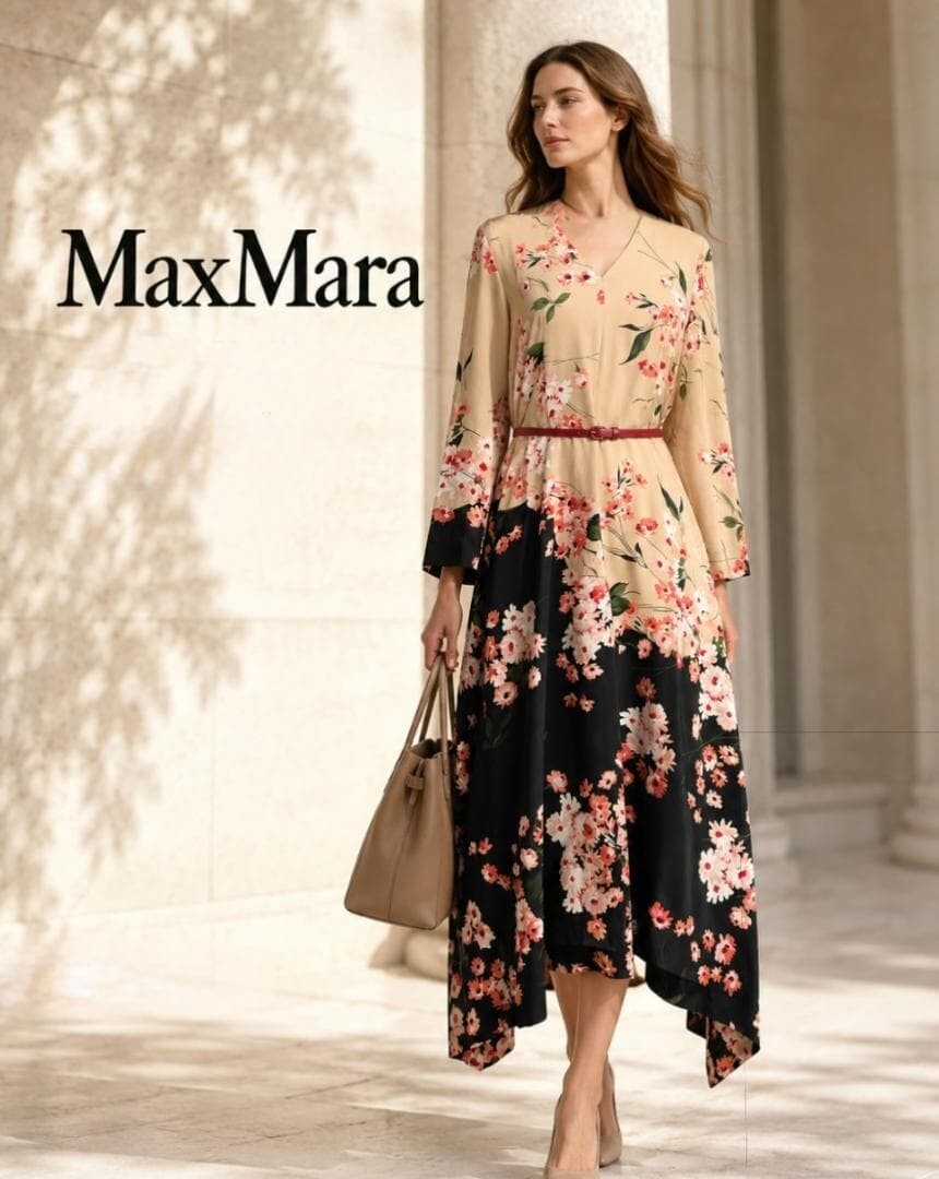 MaxMara Silk Floral Asymmetrical Long Dress Leather Belt Auth