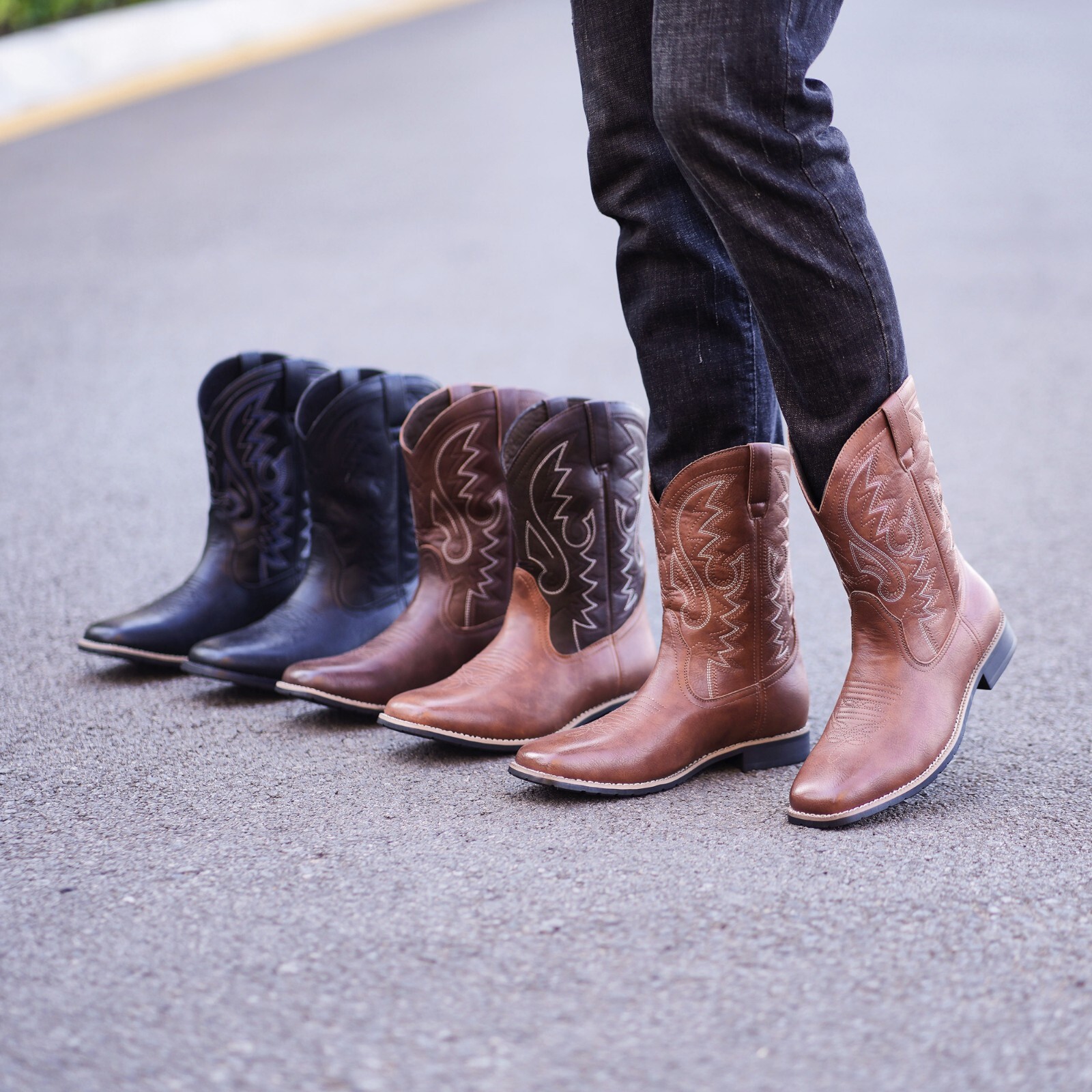 Brown Men’s Cowboy Western Embroidered Square Toe Boots
