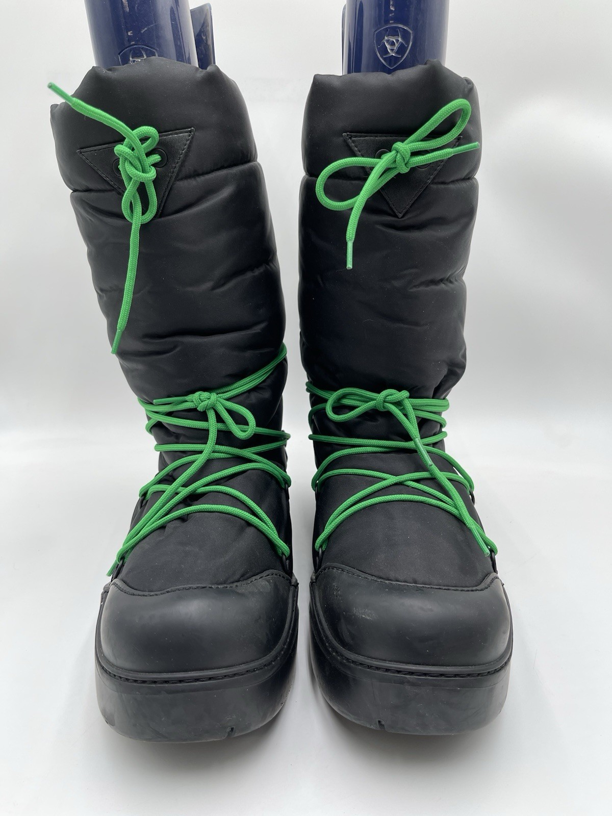 Bottega Veneta Puddle Bomber boots in black nylon parakeet green laces Size 46
