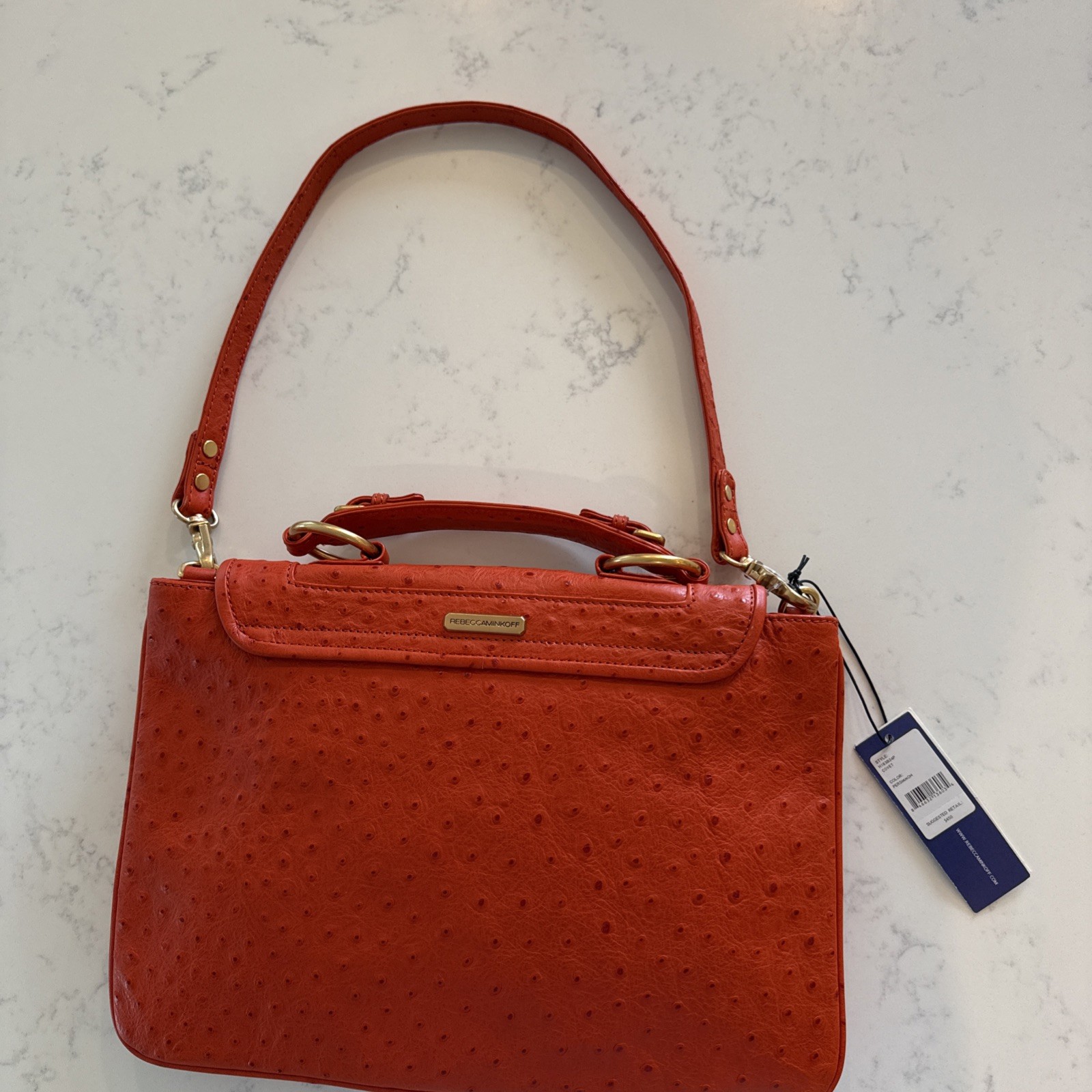 Rebecca Minkoff Covet Satchel Persimmon Ostrich-Embossed Leather NWT H163B24P