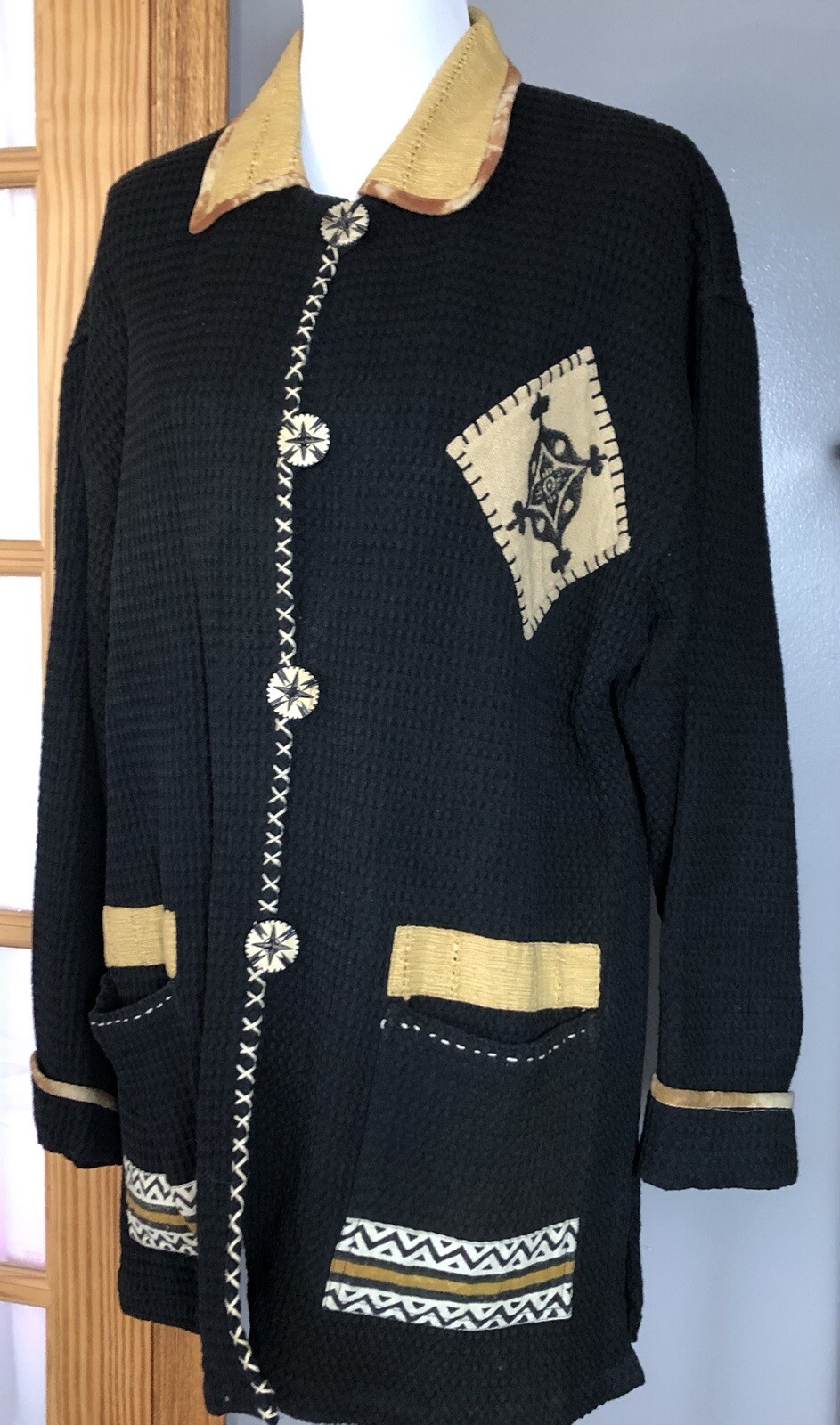 Vtg Waffle Knit Cardigan Jacket Women’s L Black Button Up Pockets Tribal Goth