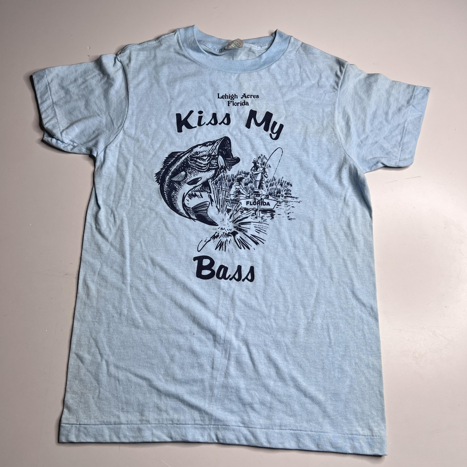 80s Vintage Kiss My Bass Shirt Mens Medium Blue Lehigh Acres Florida Fishing