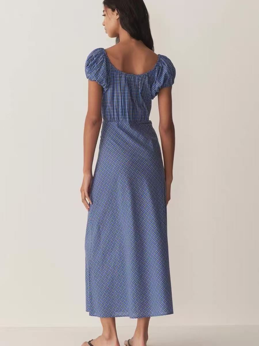 NWT Doen Elegant plaid slim fit long skirt with bubble sleeves and round neck dr