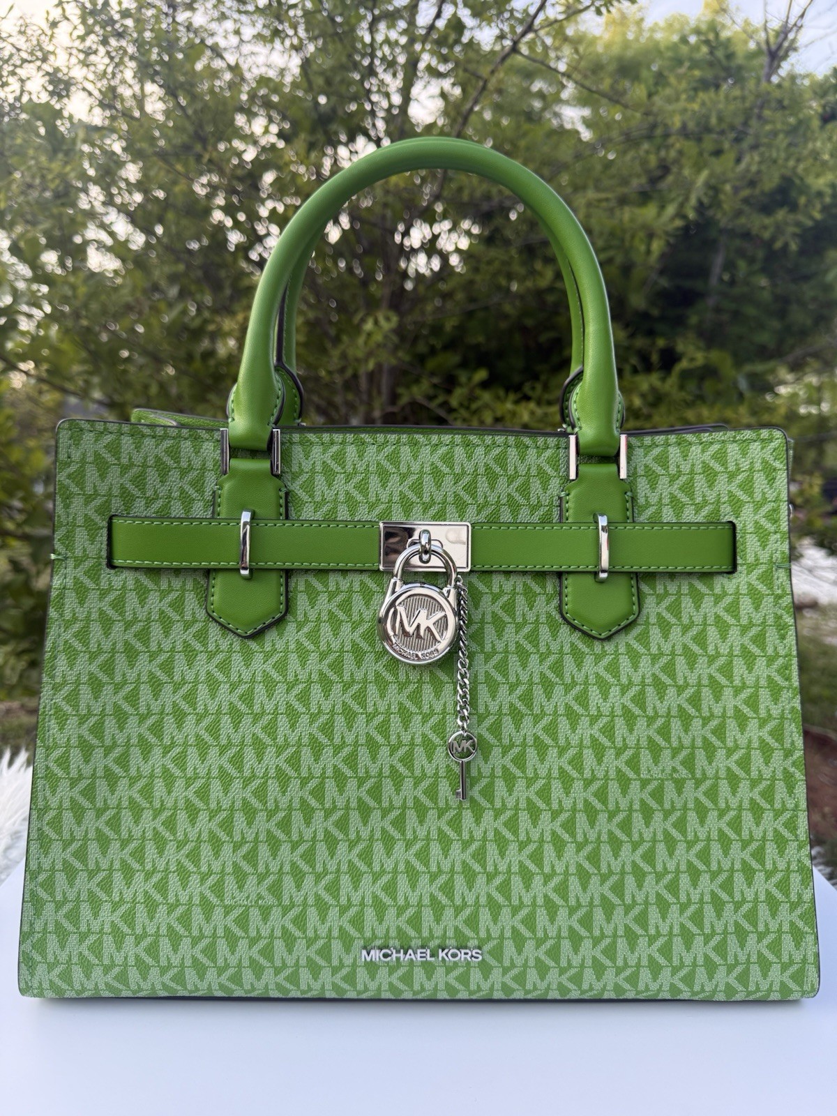 Michael Kors Medium Hamilton Satchel MK Logo Leather Jungle Green Crossbody