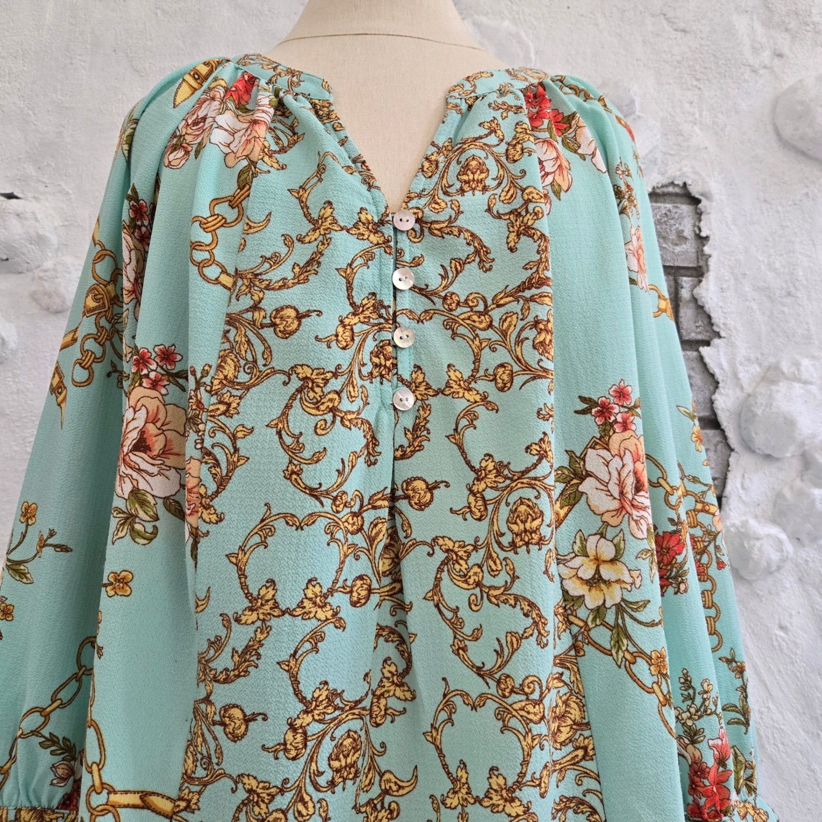 Fig and Flower Peasant Romantic Boho Floral Chain Baroque Tie Cuff Blouse Size M