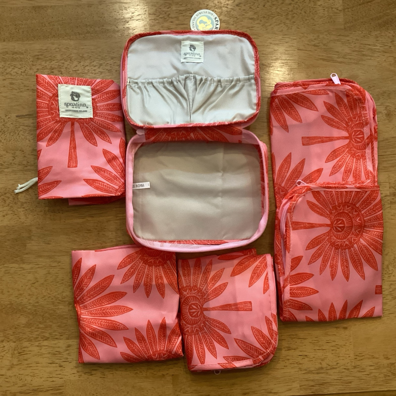 Spartina 449 6-piece Packing Cubes Palmetto Frond Print NWT Pink Red