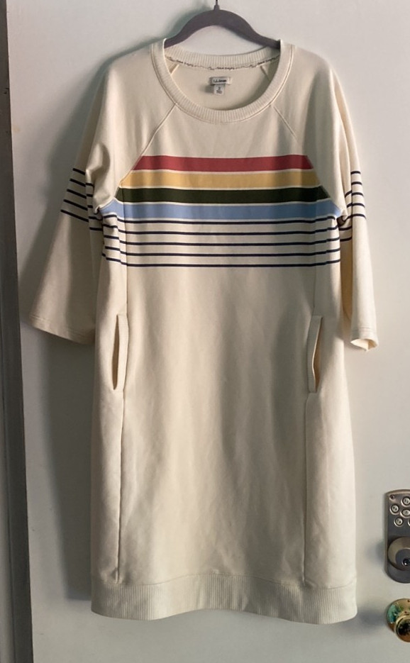 L.L. Bean Womens Size M / L Off White Striped Pullover Cozy Sweatshirt Dress
