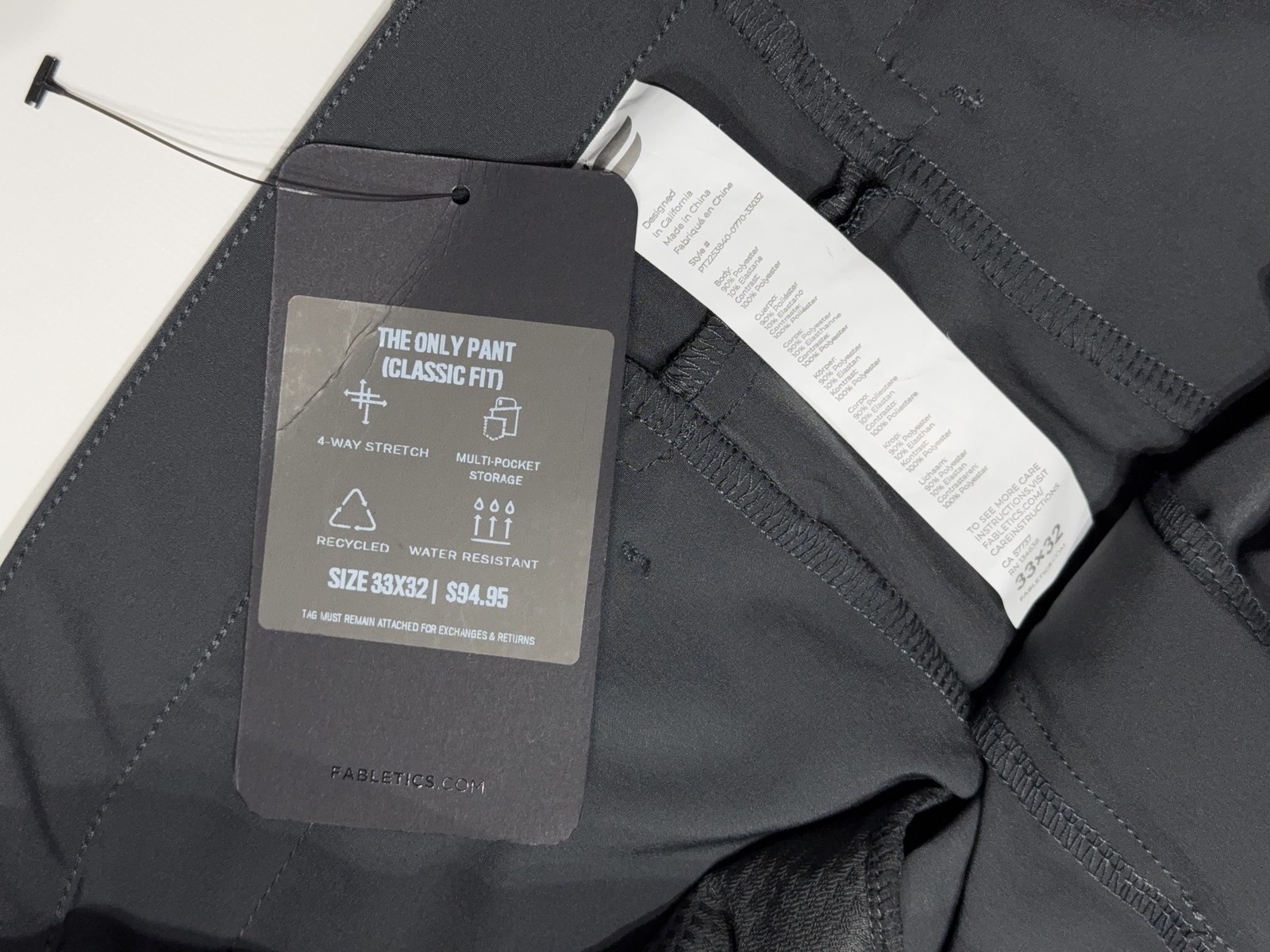 NWT Fabletics Dark Gray The Only Pant Classic Fit Men Size 33×32 (34×30 Actual)