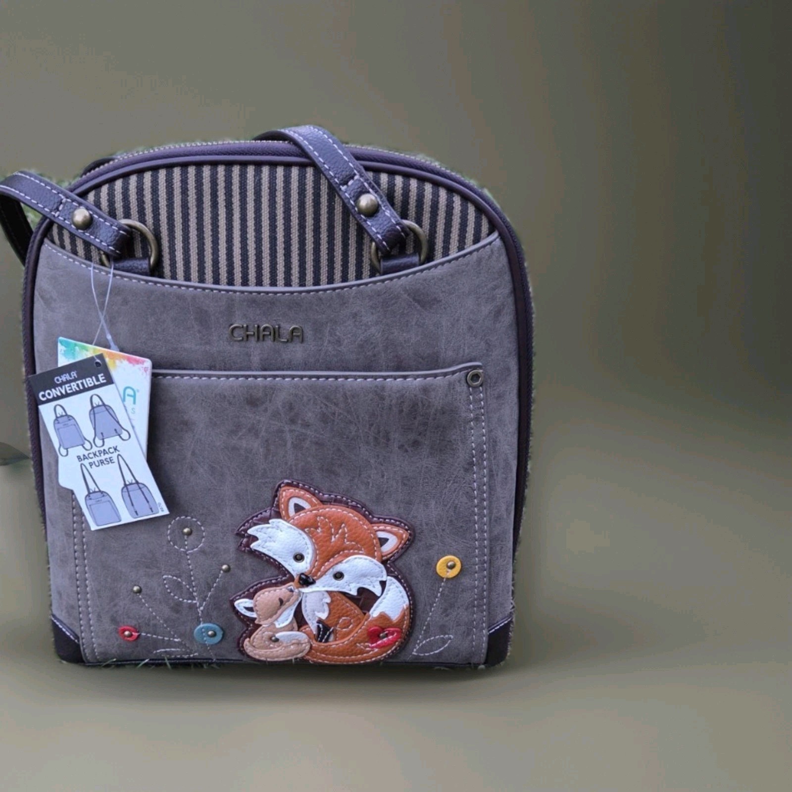 CHALA Convertible Backpack Purse Fox Patch Zip, Detachable Adjustable Strap