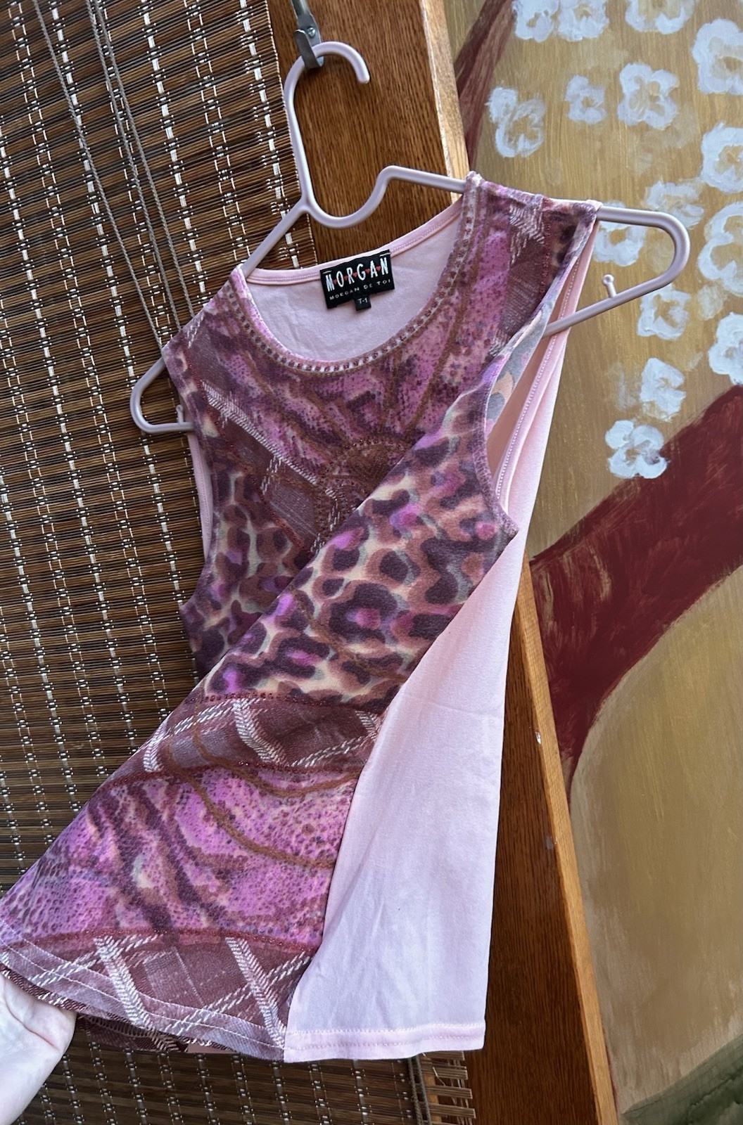 Vintage Y2K Morgan de Toi Pink Sheer Mesh Leopard Print Tank Top Sz 1