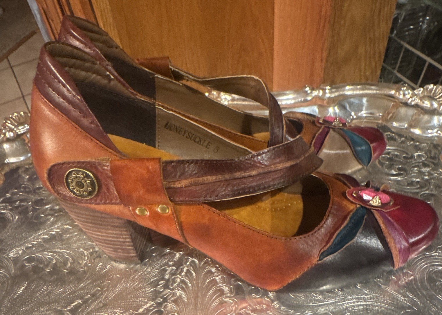 Elite By Conxys Multicolor Authentic Leather Block Heel Almond Toe US 8
