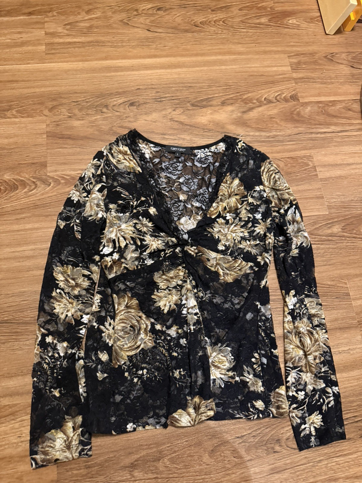 Vintage Y2K Black gold Floral lace top with beaded neckline whimsigoth fairycore