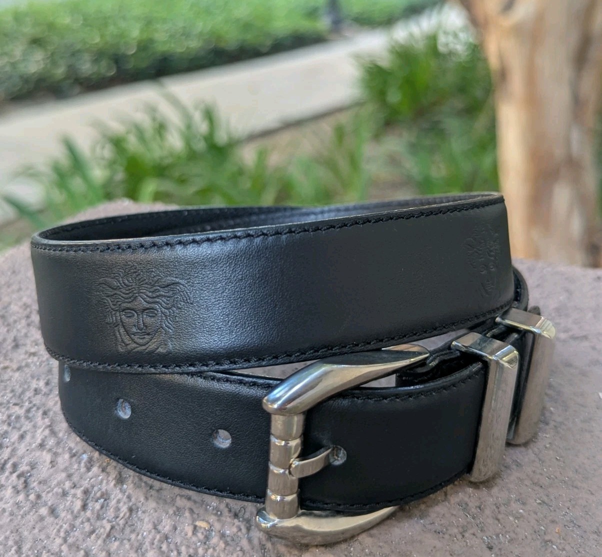 GIANNI VERSACE 90’s Silver Buckle MEDUSA Belt Black Leather Size 27 28 29 30 31″
