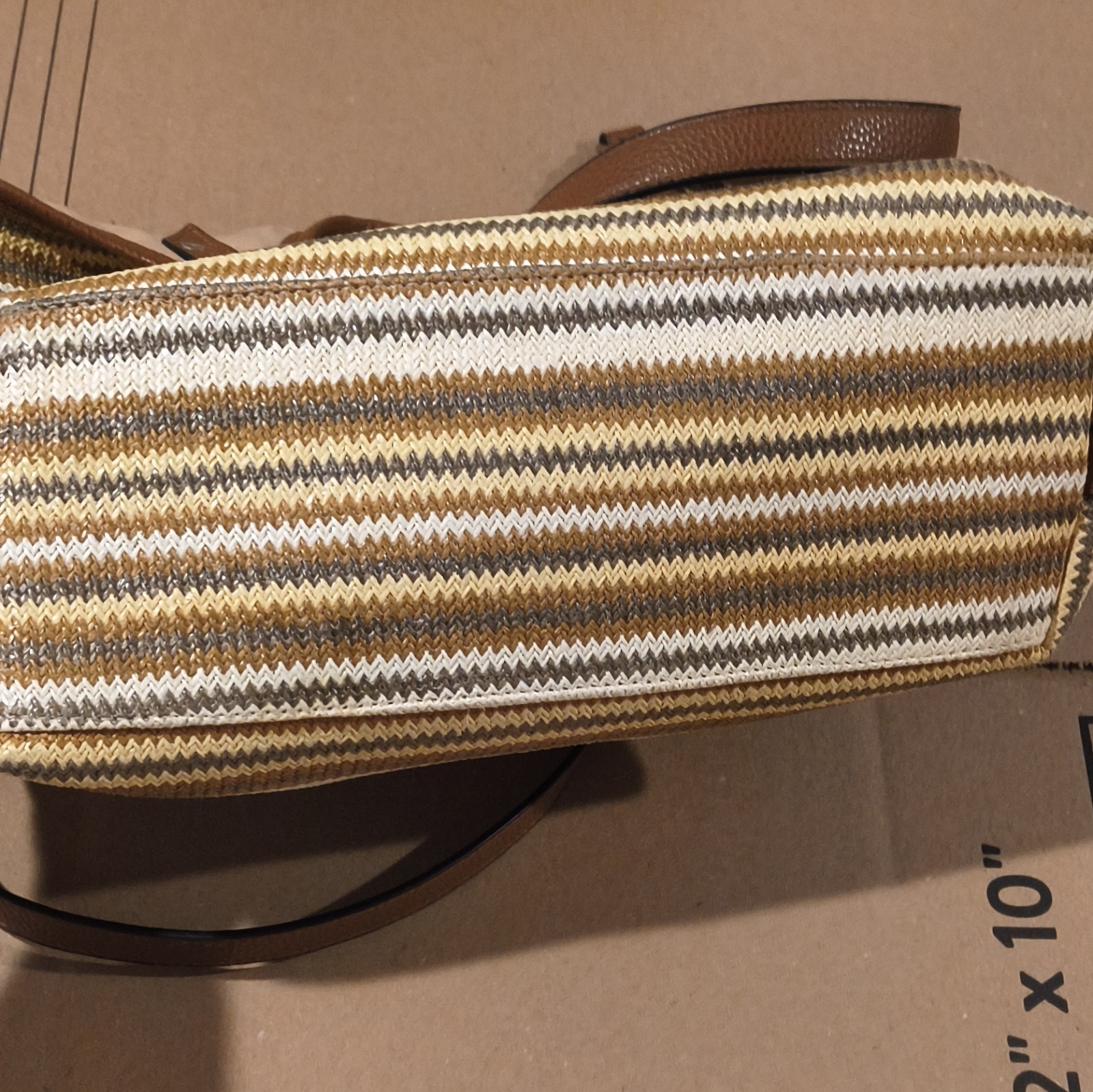 Striped Tote Bag Brown Beige Magnetic Zip Lined Pockets Silver