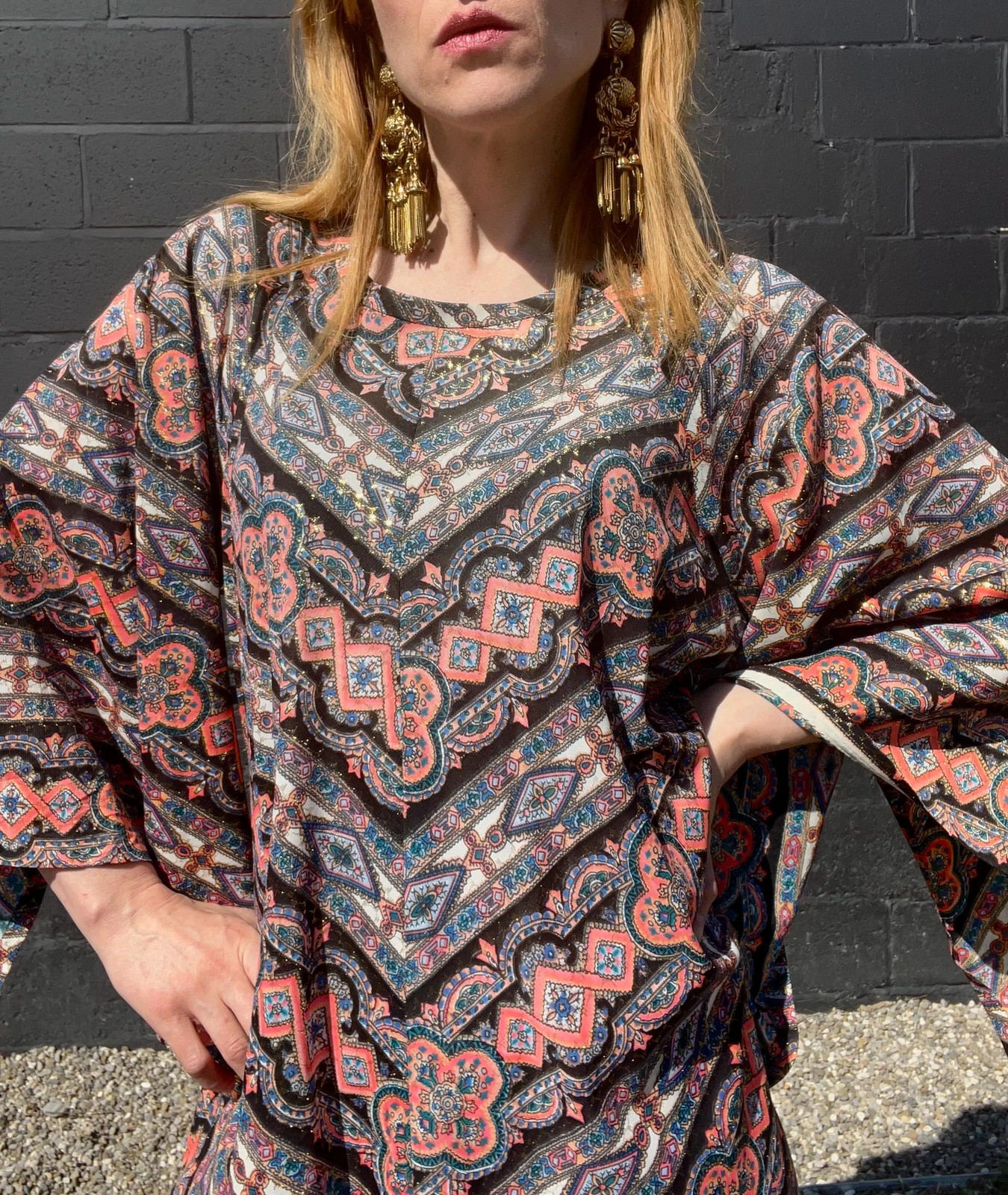 MAMA CASS Vintage 1960s Boho Metallic Angel Sleeve Dress, by Pennington’s, made