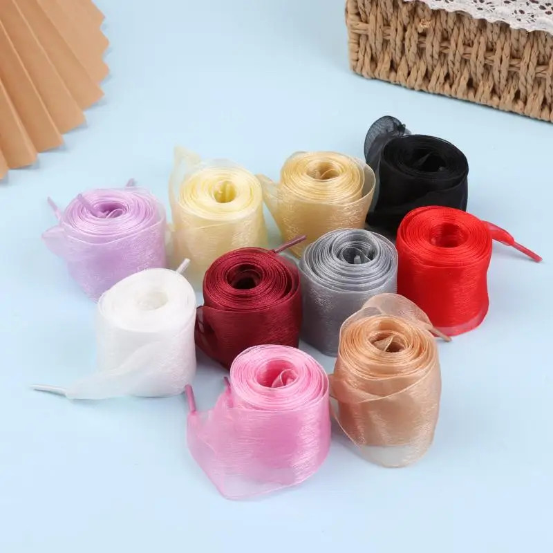 1 Pair 4cm Wide Organza Shoe Strings 160cm Woman Bow Shoelaces Flat Silk Satin R