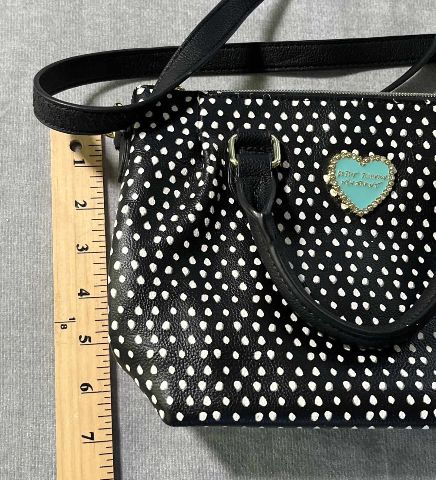 Betsey Johnson Polka Dot Shoulder Bag Purse Black & White Turquoise Bow Charm