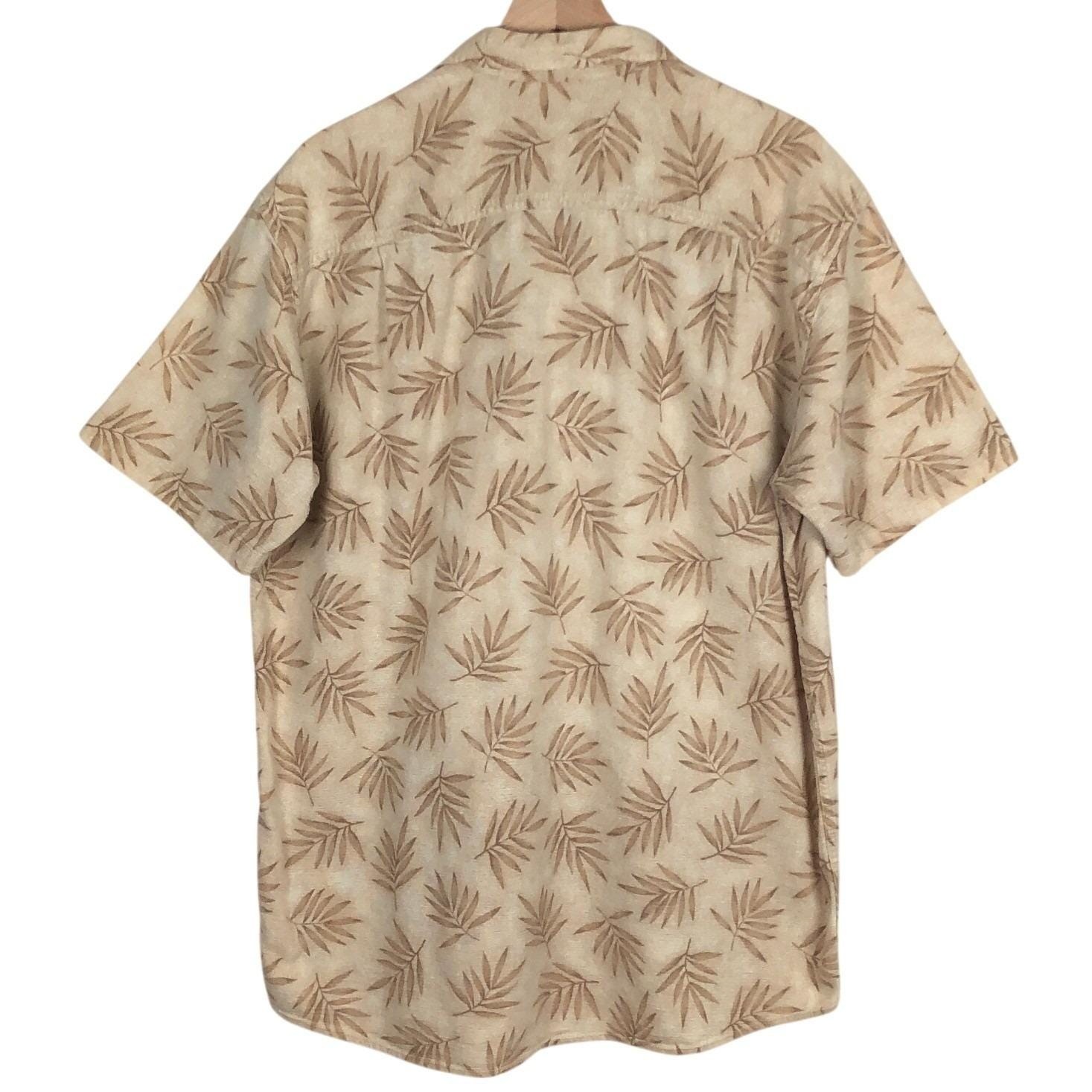 LL BEAN 100% Cotton Textured Tropical Palm Leaf Shirt Men’s Sz L Tall Tan S/S