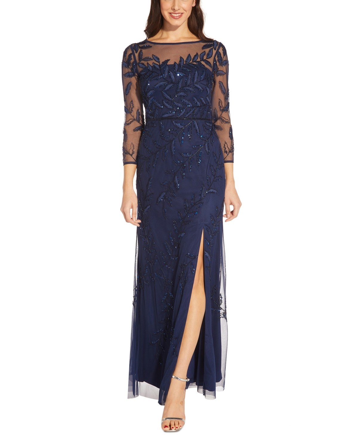 Adrianna Papell Long Sleeve Fully Beaded Mob Column Gown Women’s 10 Blue