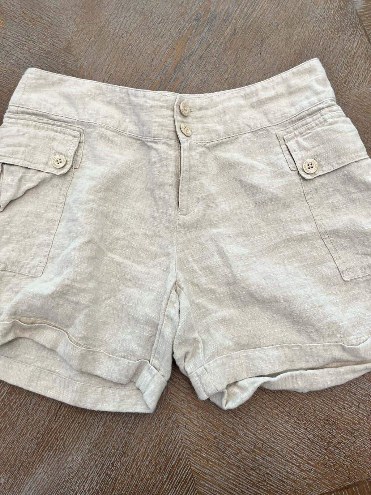 Island Company 100% Linen Cargo Shorts Size 10 Beige Waist 34” Inseam 5.5”