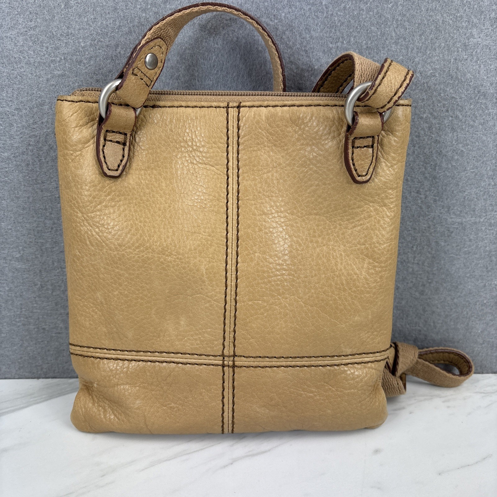 Fossil Maddox Patchwork Colorblock Lt Tan Leather Adj Strap Y2K Crossbody Purse