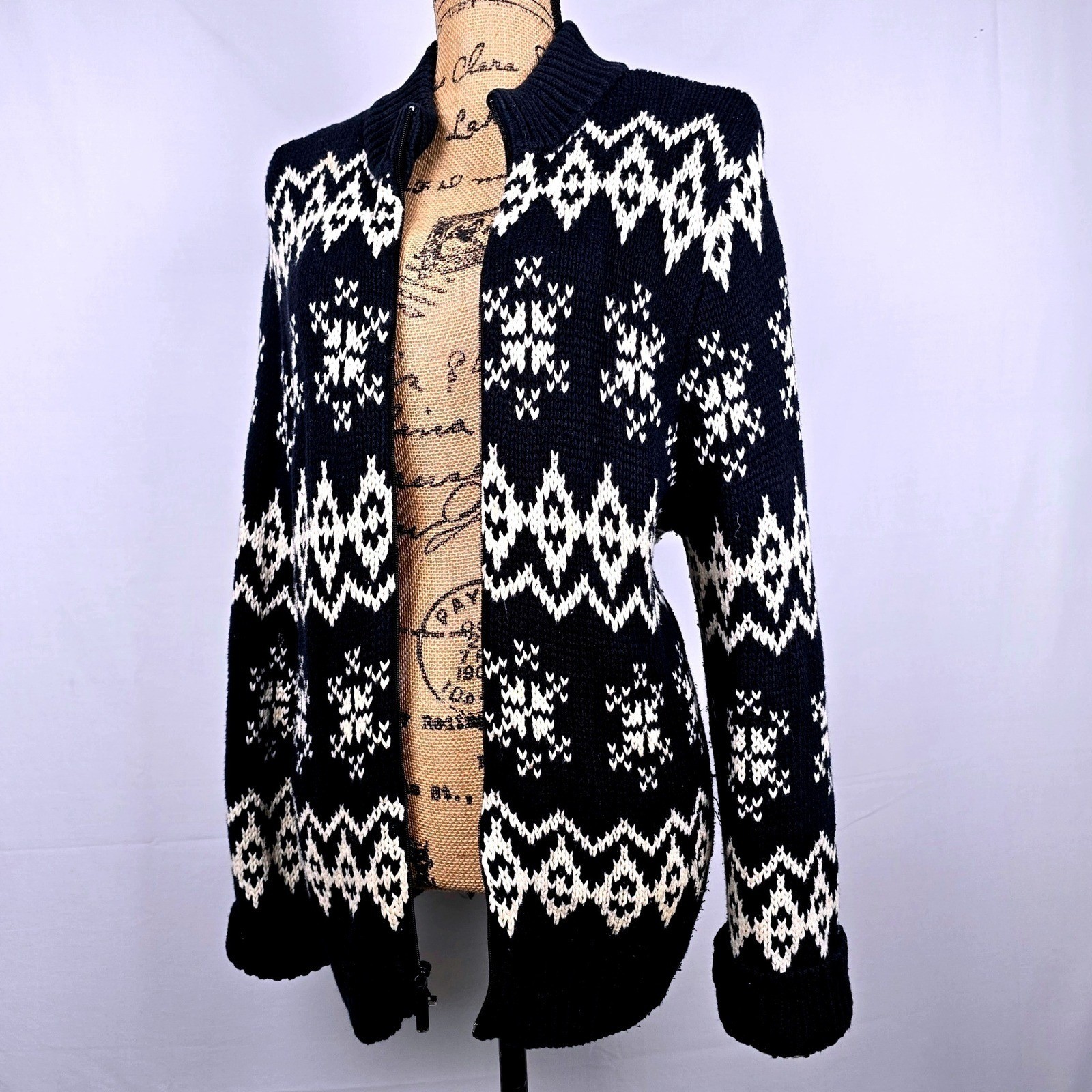 New York & Company Fair Isle Zip Sweater XL Black off White Nordic Snowflake
