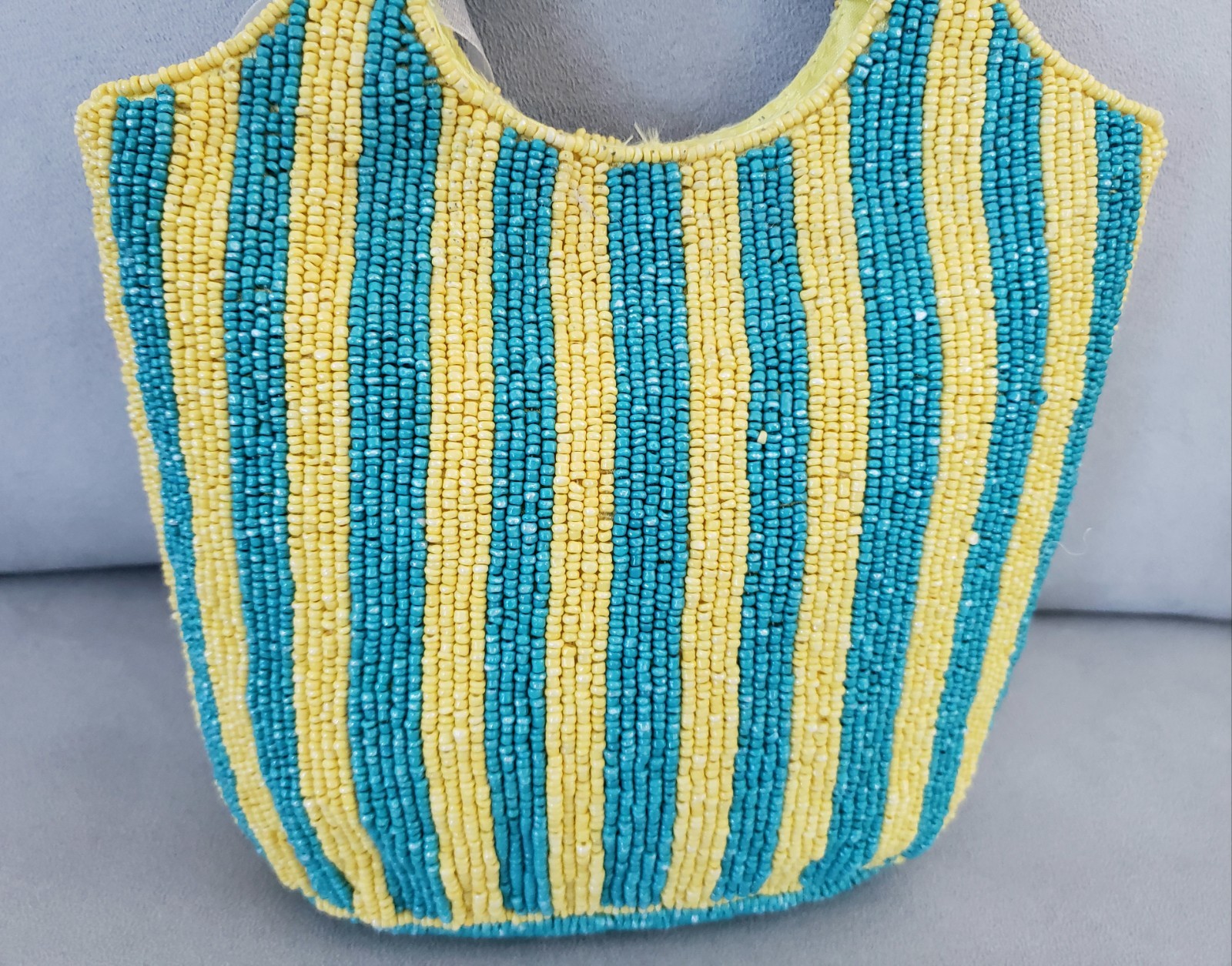 Sardines In A Can Beaded Bag Striped Yellow Teal Pink Fish Handcrafted in India